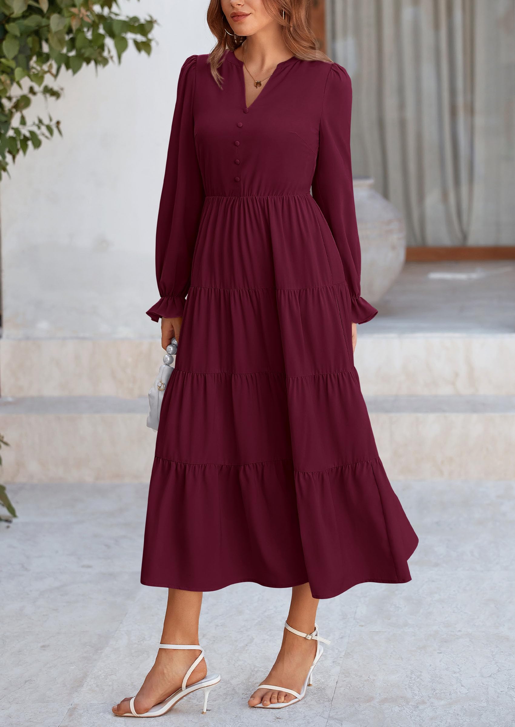 PRETTYGARDEN Women Fall Long Sleeve Smocked Maxi Dress Casual Square Neck Swiss Dot Tiered Ruffle Flowy Spring Pocket Dresses