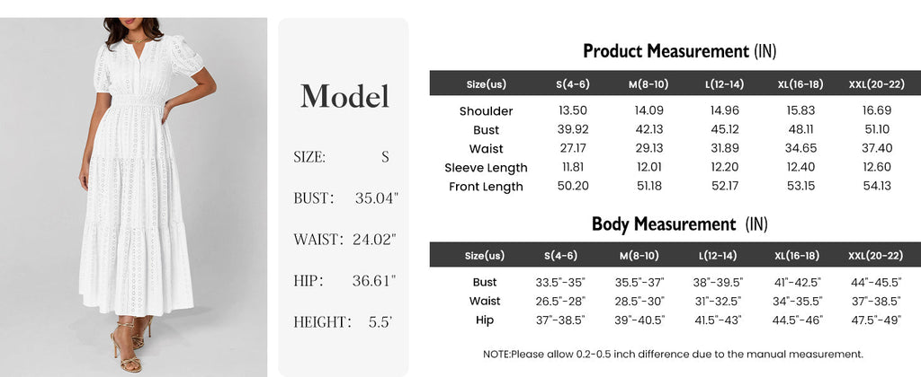 PRETTYGARDEN Womens Summer Maxi Dresses Casual Puff Sleeve V Neck Smocked Flowy Eyelet Cotton Dress Spring Sundress