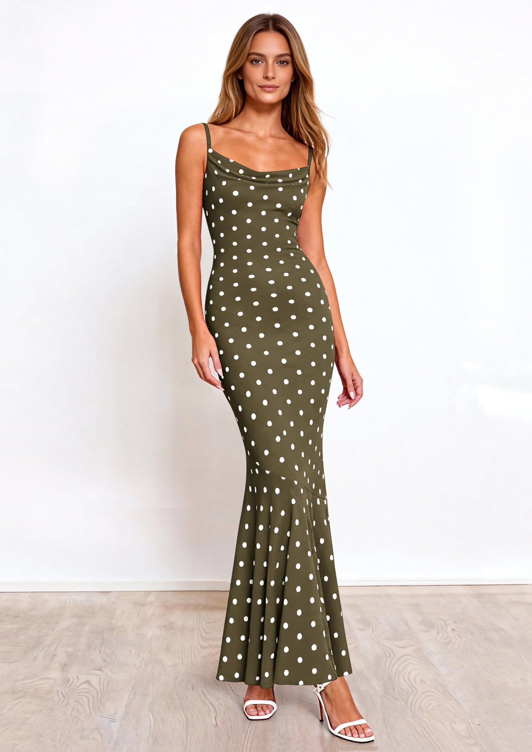 PRETTYGARDEN Womens Summer Dresses Polka Dot Spaghetti Strap Cowl Neck Bodycon Wedding Cocktail Mermaid Maxi Dress