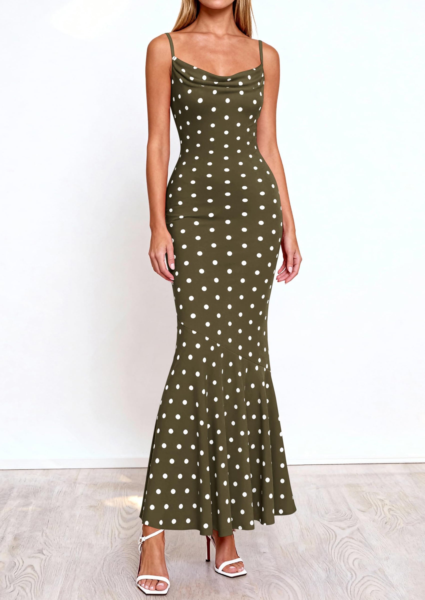 PRETTYGARDEN Womens Summer Dresses Polka Dot Spaghetti Strap Cowl Neck Bodycon Wedding Cocktail Mermaid Maxi Dress