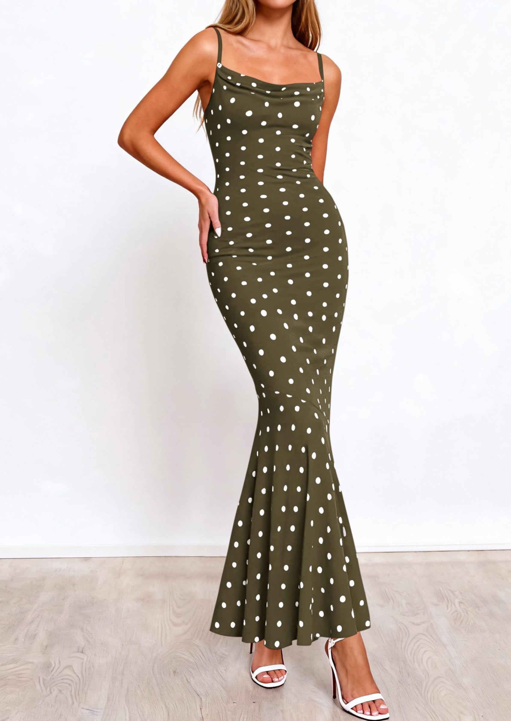 PRETTYGARDEN Womens Summer Dresses Polka Dot Spaghetti Strap Cowl Neck Bodycon Wedding Cocktail Mermaid Maxi Dress