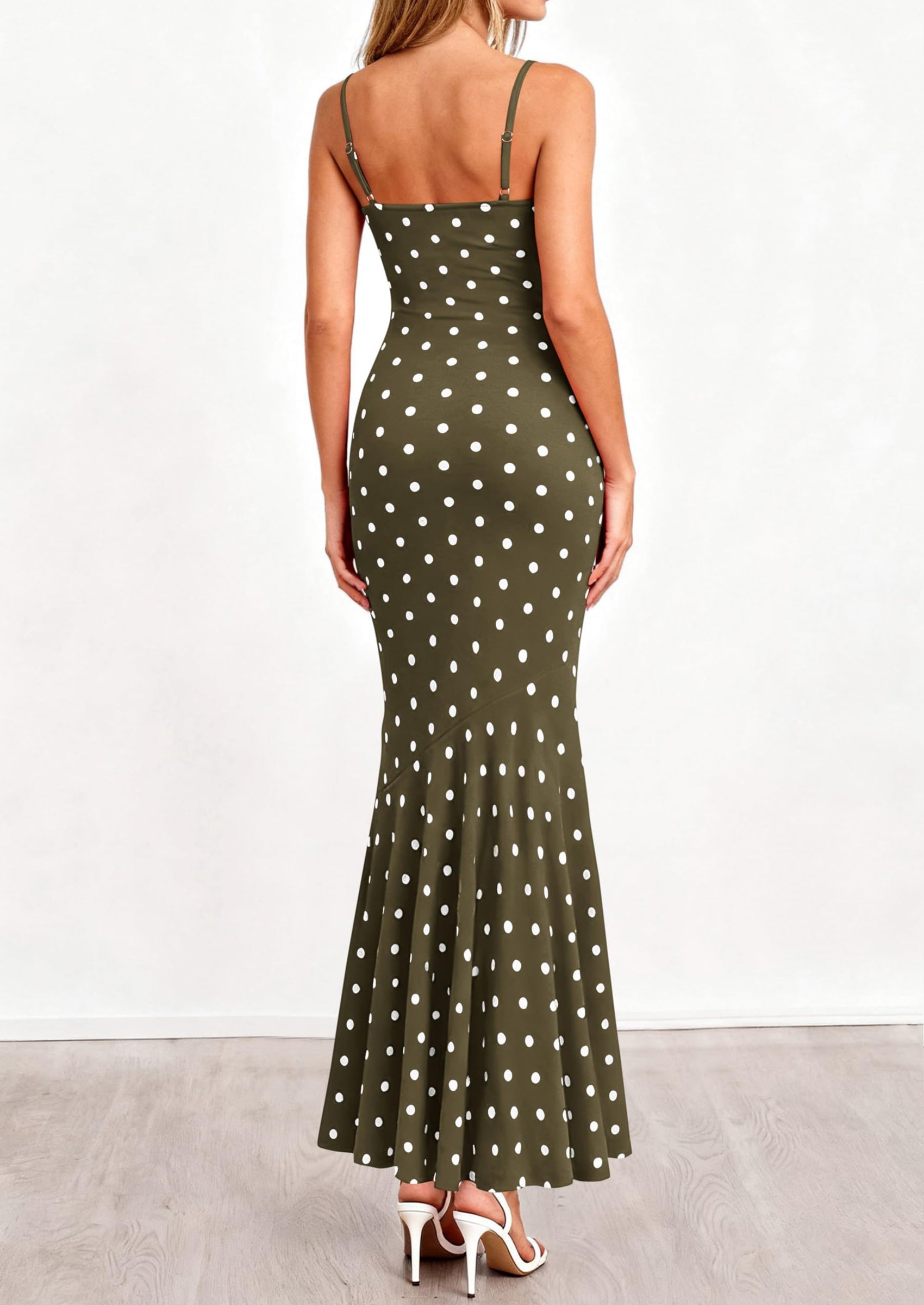 PRETTYGARDEN Womens Summer Dresses Polka Dot Spaghetti Strap Cowl Neck Bodycon Wedding Cocktail Mermaid Maxi Dress