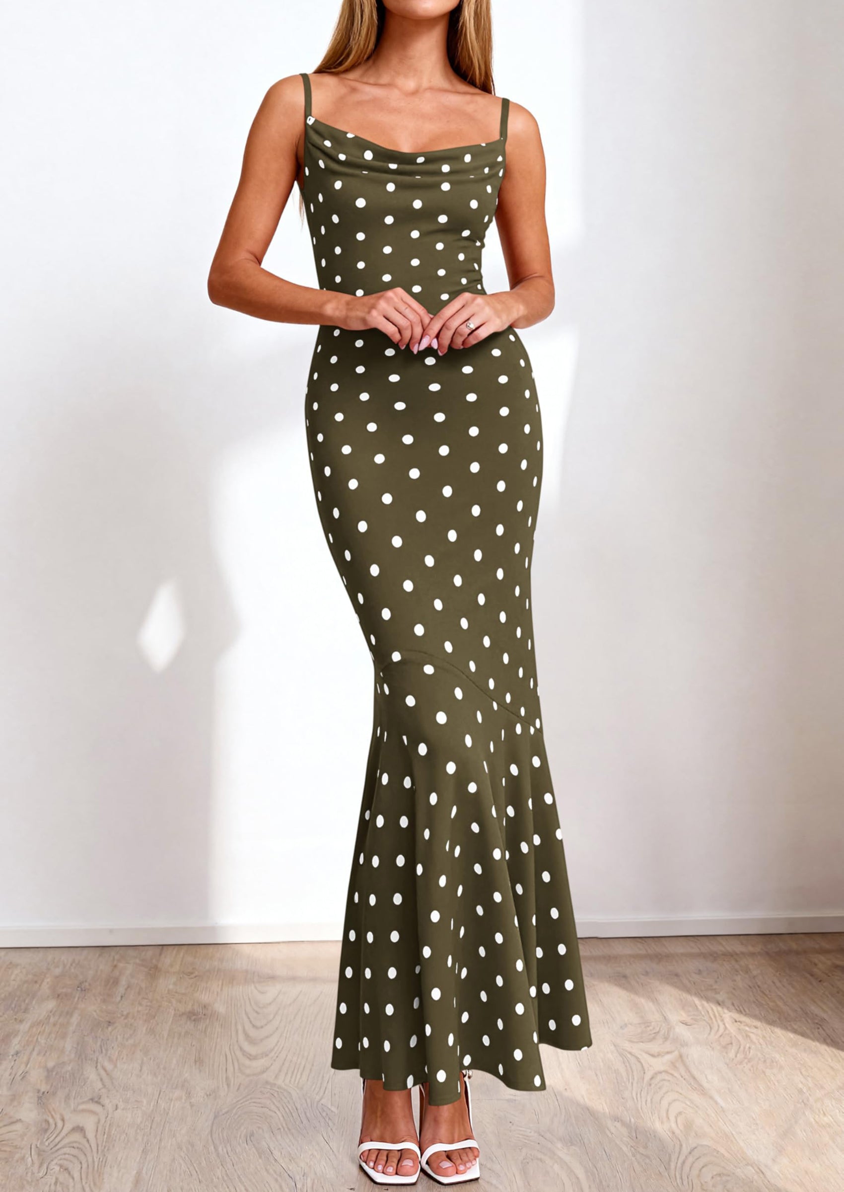 PRETTYGARDEN Womens Summer Dresses Polka Dot Spaghetti Strap Cowl Neck Bodycon Wedding Cocktail Mermaid Maxi Dress