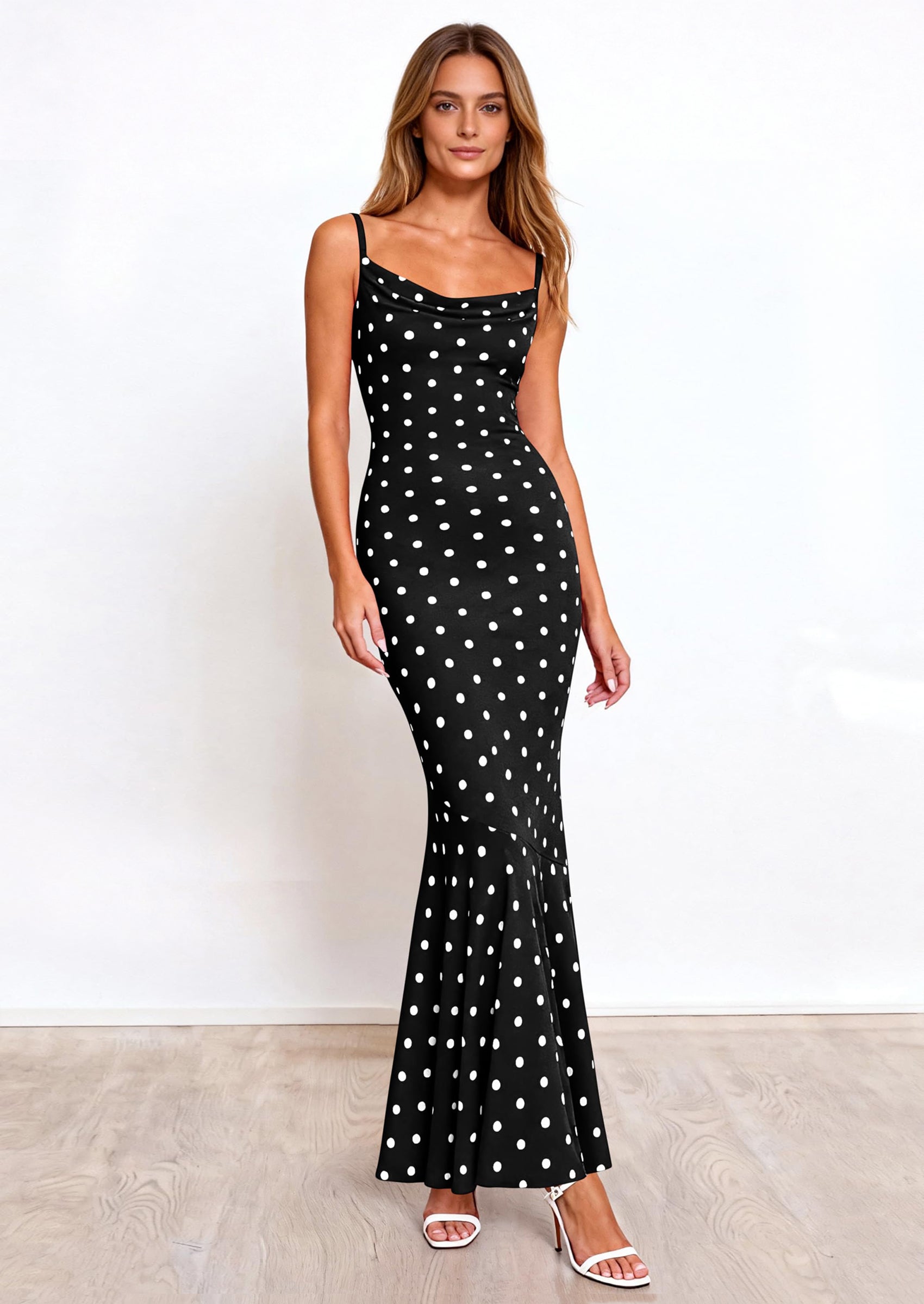 PRETTYGARDEN Womens Summer Dresses Polka Dot Spaghetti Strap Cowl Neck Bodycon Wedding Cocktail Mermaid Maxi Dress