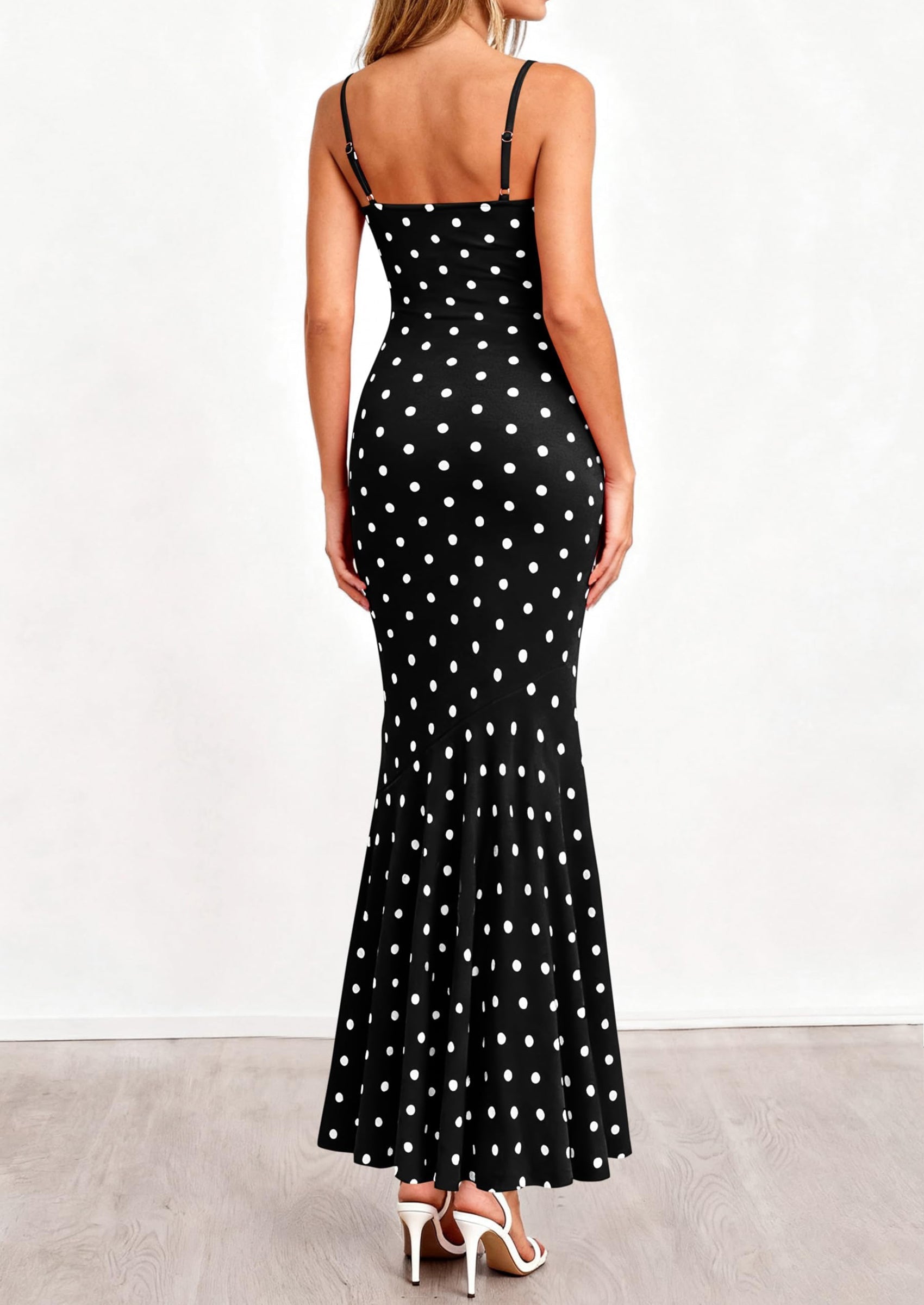 PRETTYGARDEN Womens Summer Dresses Polka Dot Spaghetti Strap Cowl Neck Bodycon Wedding Cocktail Mermaid Maxi Dress