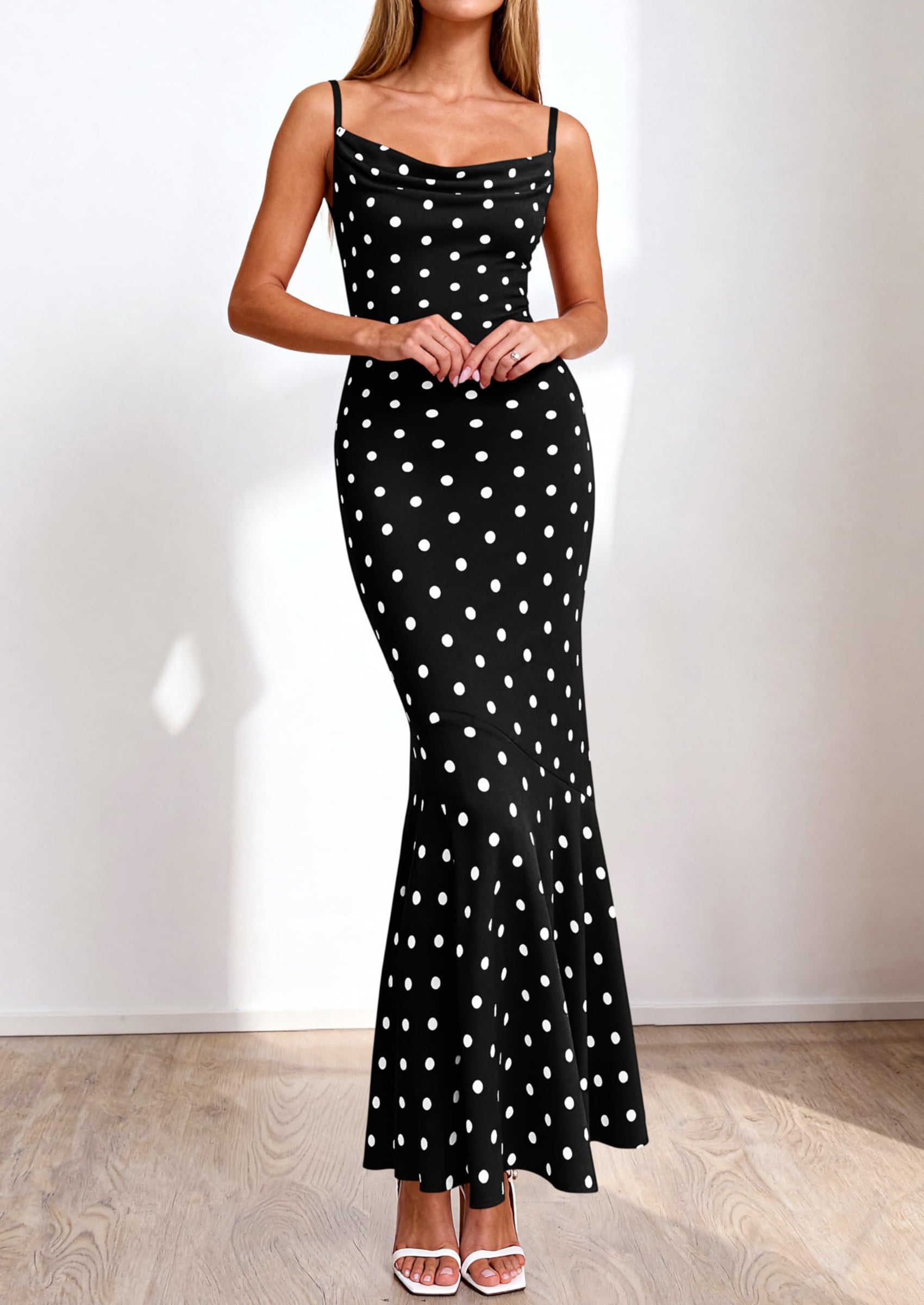 PRETTYGARDEN Womens Summer Dresses Polka Dot Spaghetti Strap Cowl Neck Bodycon Wedding Cocktail Mermaid Maxi Dress