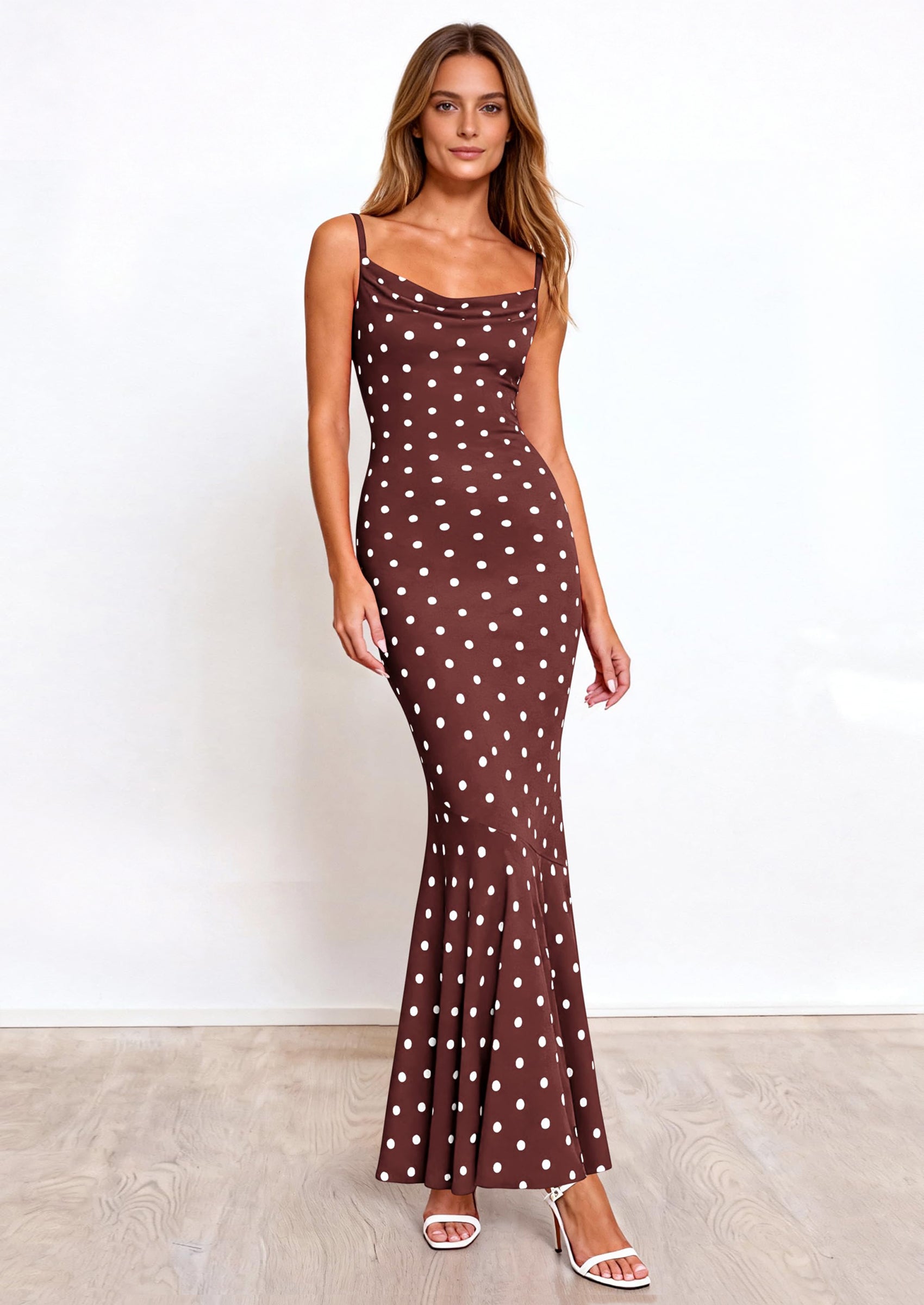 PRETTYGARDEN Womens Summer Dresses Polka Dot Spaghetti Strap Cowl Neck Bodycon Wedding Cocktail Mermaid Maxi Dress