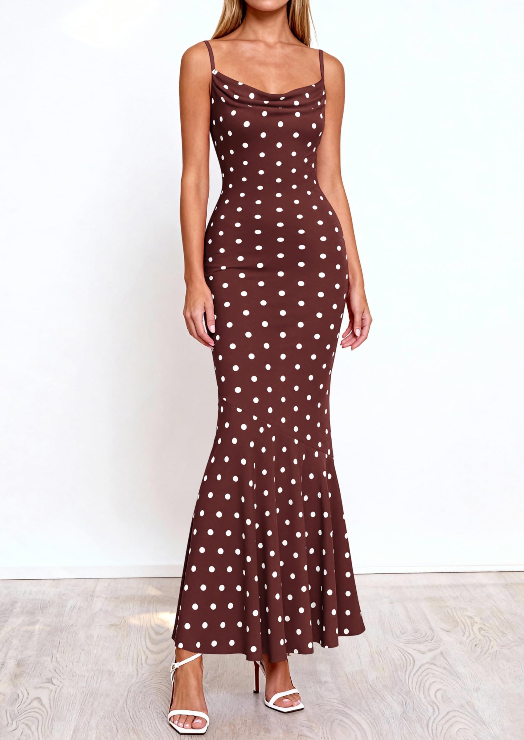 PRETTYGARDEN Womens Summer Dresses Polka Dot Spaghetti Strap Cowl Neck Bodycon Wedding Cocktail Mermaid Maxi Dress