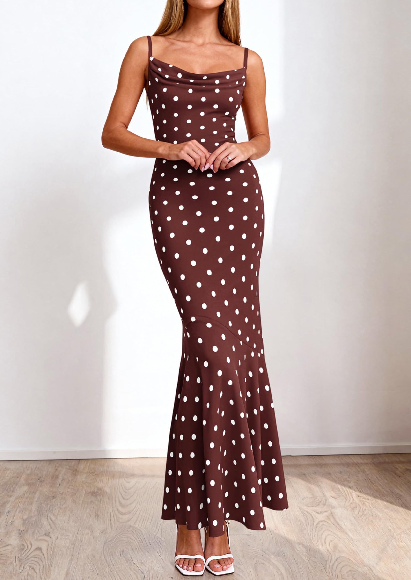 PRETTYGARDEN Womens Summer Dresses Polka Dot Spaghetti Strap Cowl Neck Bodycon Wedding Cocktail Mermaid Maxi Dress