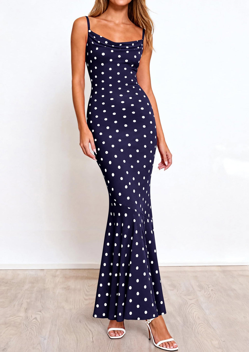 PRETTYGARDEN Womens Summer Dresses Polka Dot Spaghetti Strap Cowl Neck Bodycon Wedding Cocktail Mermaid Maxi Dress