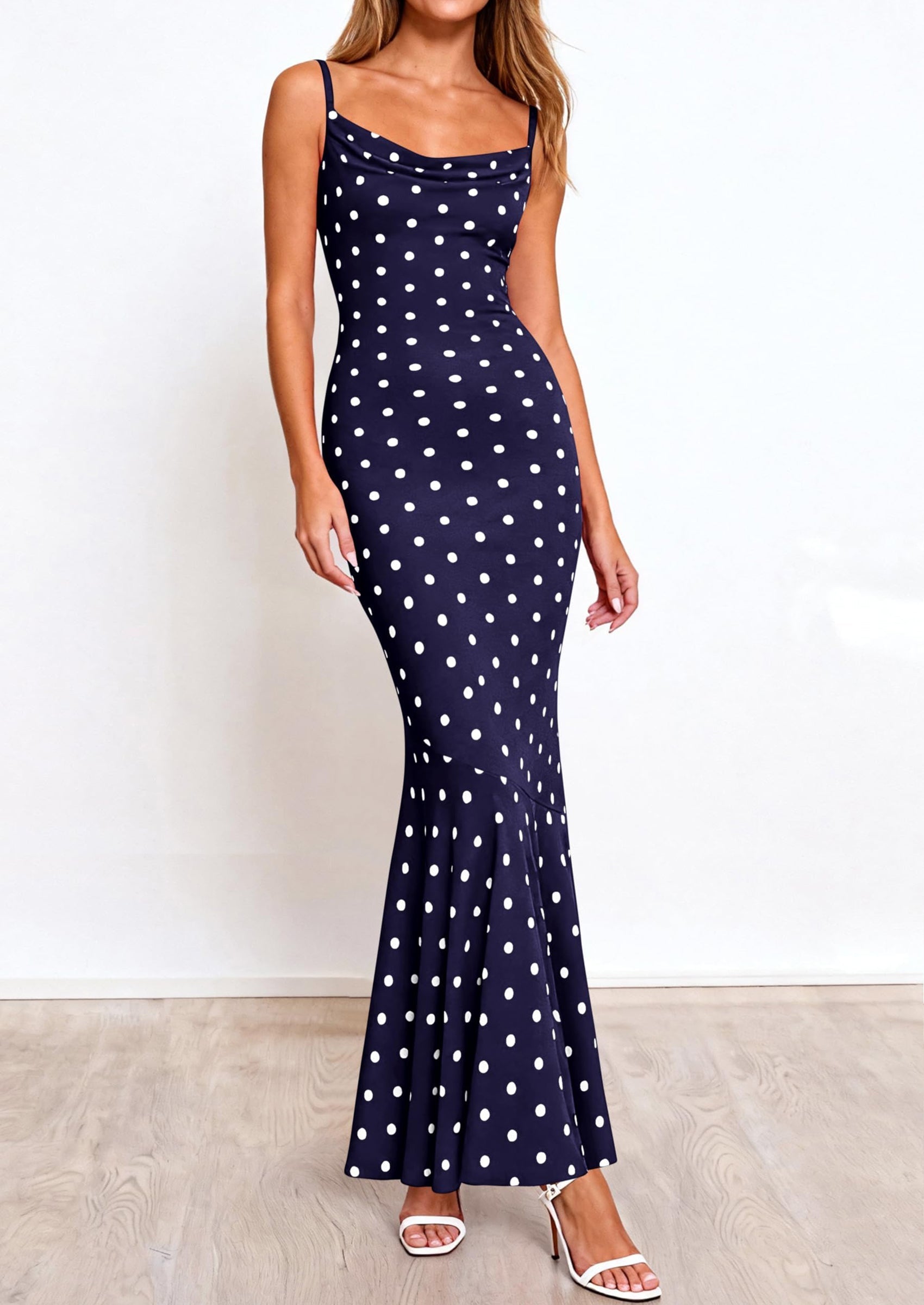 PRETTYGARDEN Womens Summer Dresses Polka Dot Spaghetti Strap Cowl Neck Bodycon Wedding Cocktail Mermaid Maxi Dress