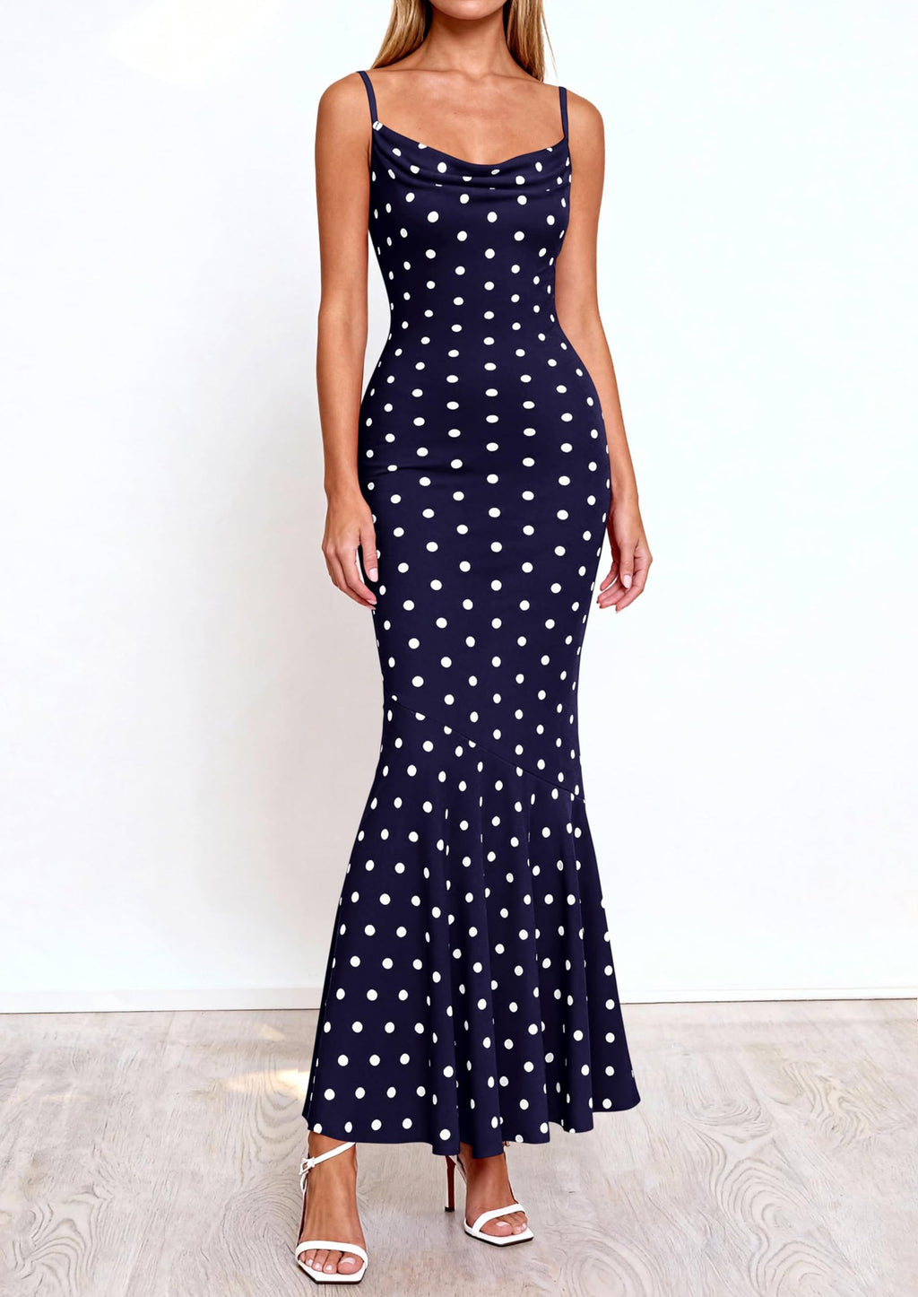 PRETTYGARDEN Womens Summer Dresses Polka Dot Spaghetti Strap Cowl Neck Bodycon Wedding Cocktail Mermaid Maxi Dress