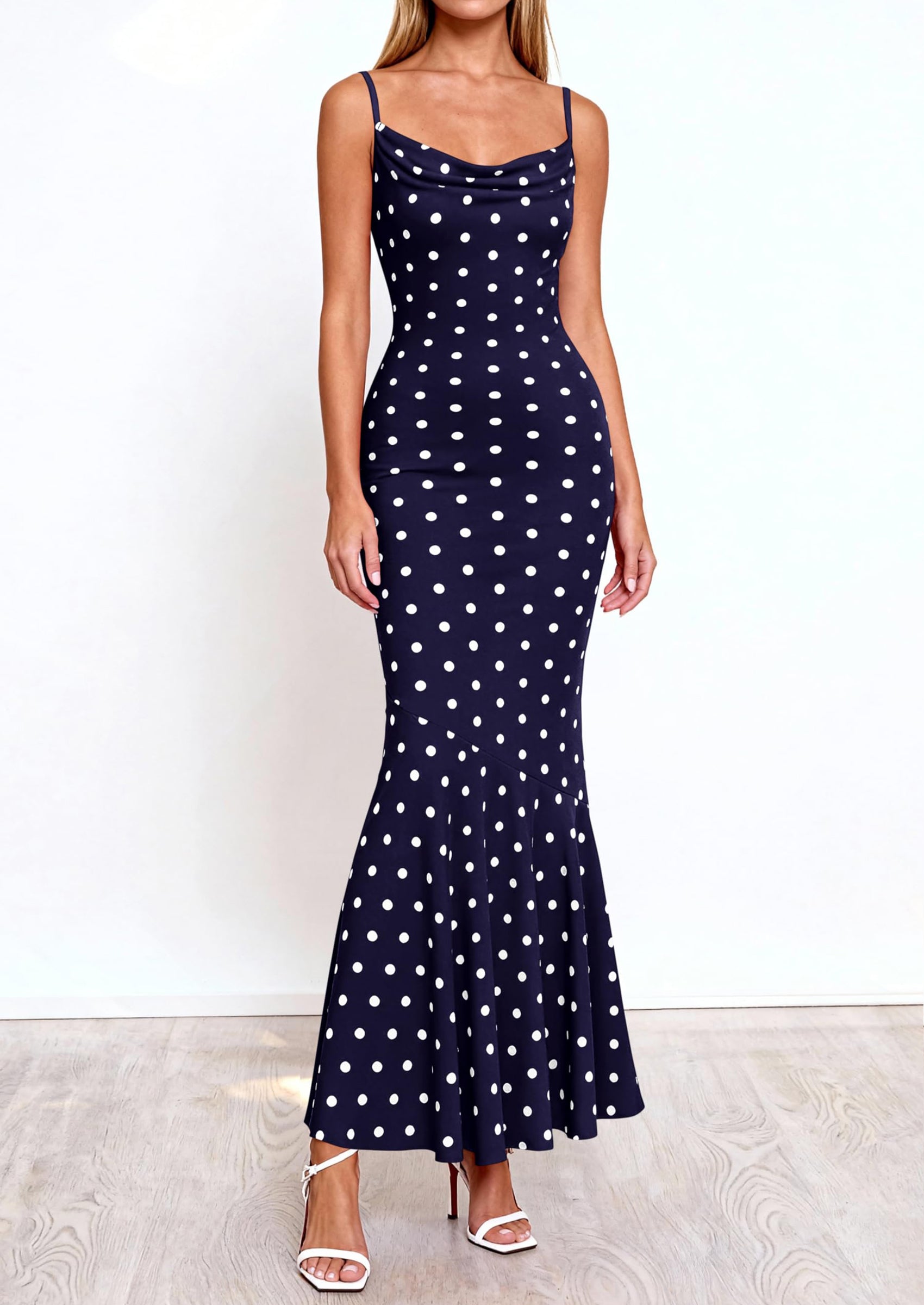 PRETTYGARDEN Womens Summer Dresses Polka Dot Spaghetti Strap Cowl Neck Bodycon Wedding Cocktail Mermaid Maxi Dress