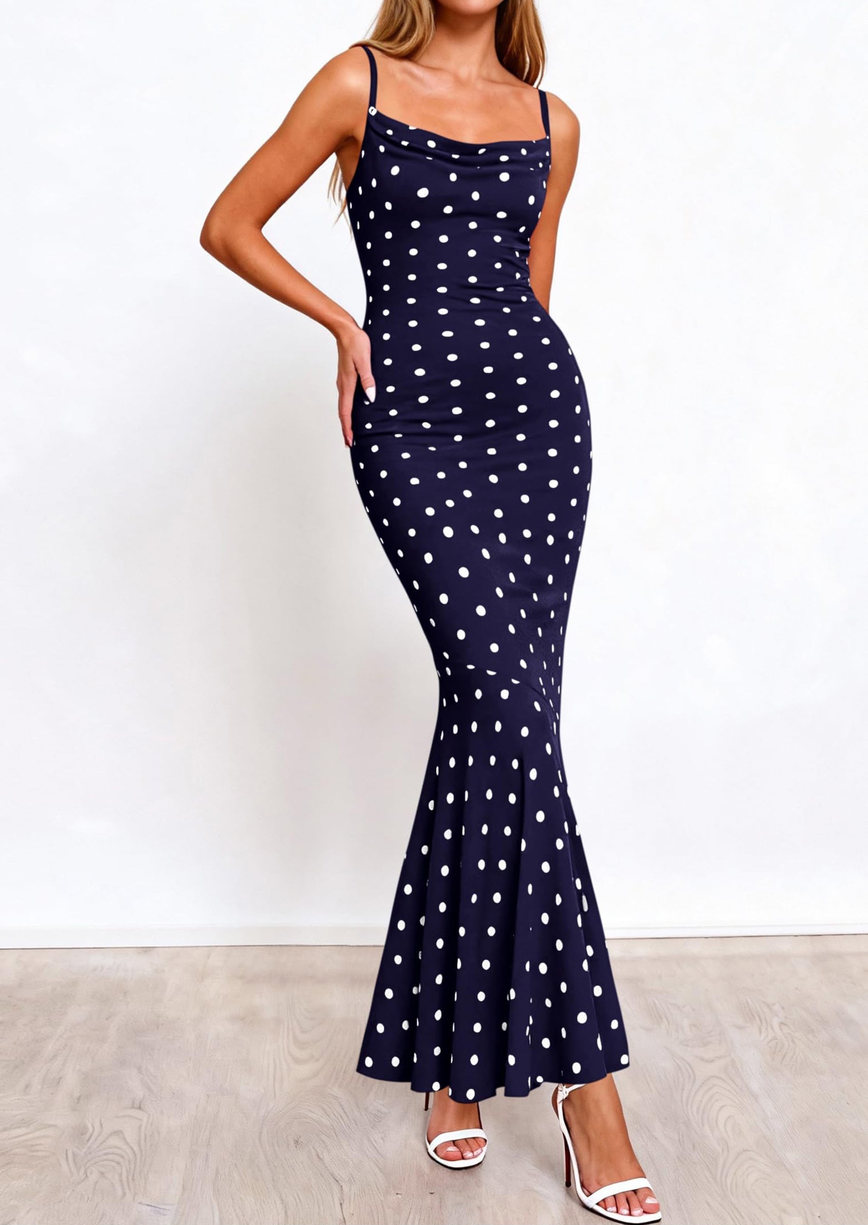 PRETTYGARDEN Womens Summer Dresses Polka Dot Spaghetti Strap Cowl Neck Bodycon Wedding Cocktail Mermaid Maxi Dress