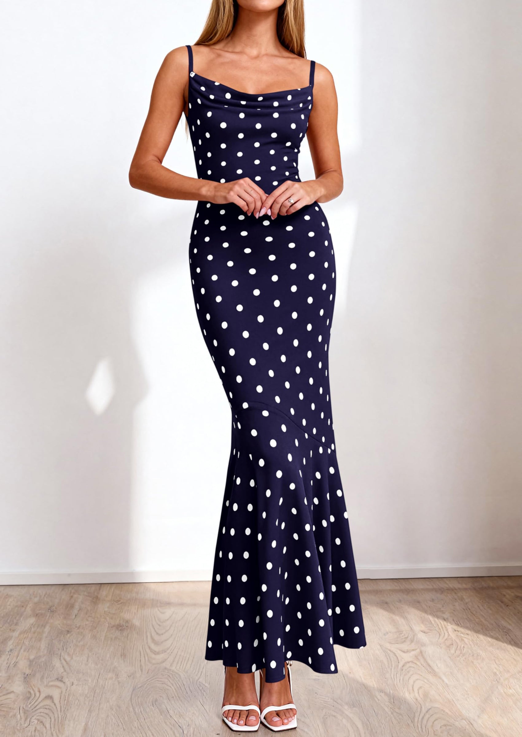 PRETTYGARDEN Womens Summer Dresses Polka Dot Spaghetti Strap Cowl Neck Bodycon Wedding Cocktail Mermaid Maxi Dress