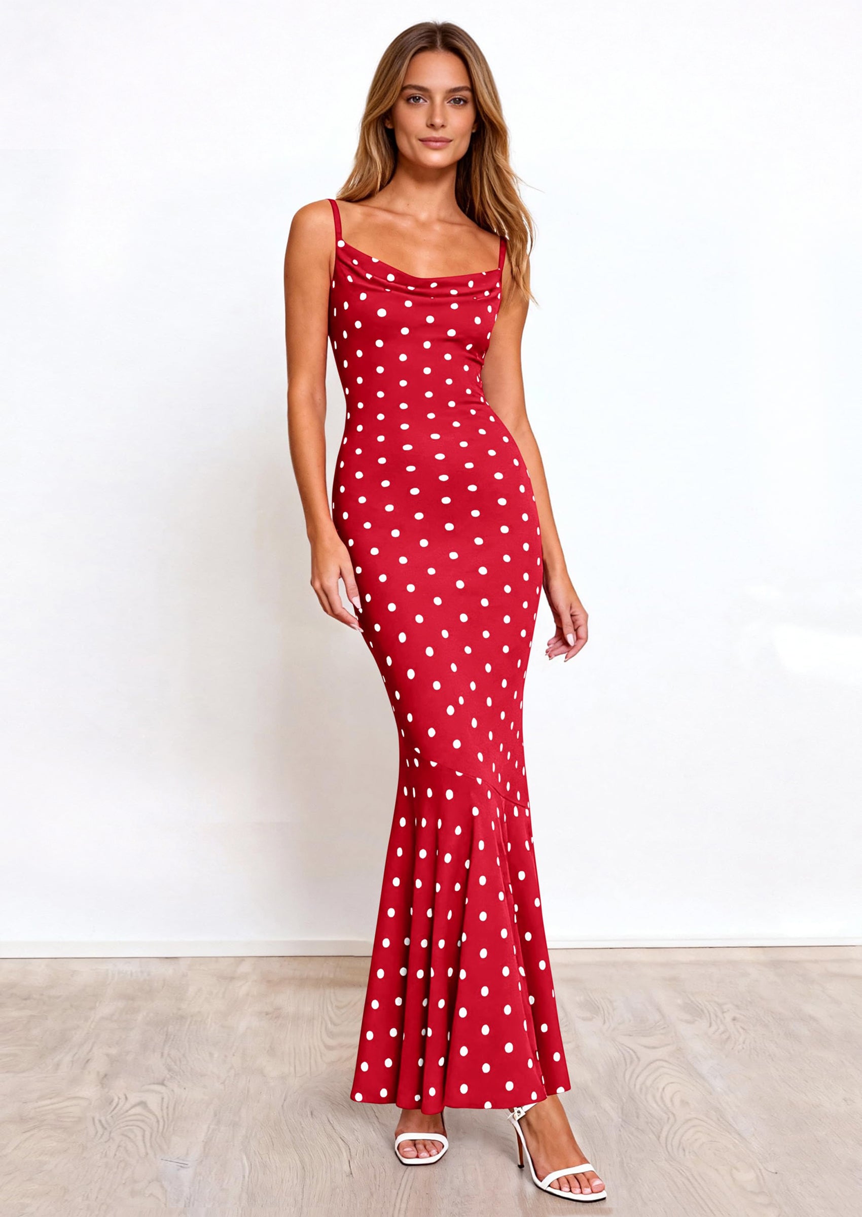 PRETTYGARDEN Womens Summer Dresses Polka Dot Spaghetti Strap Cowl Neck Bodycon Wedding Cocktail Mermaid Maxi Dress