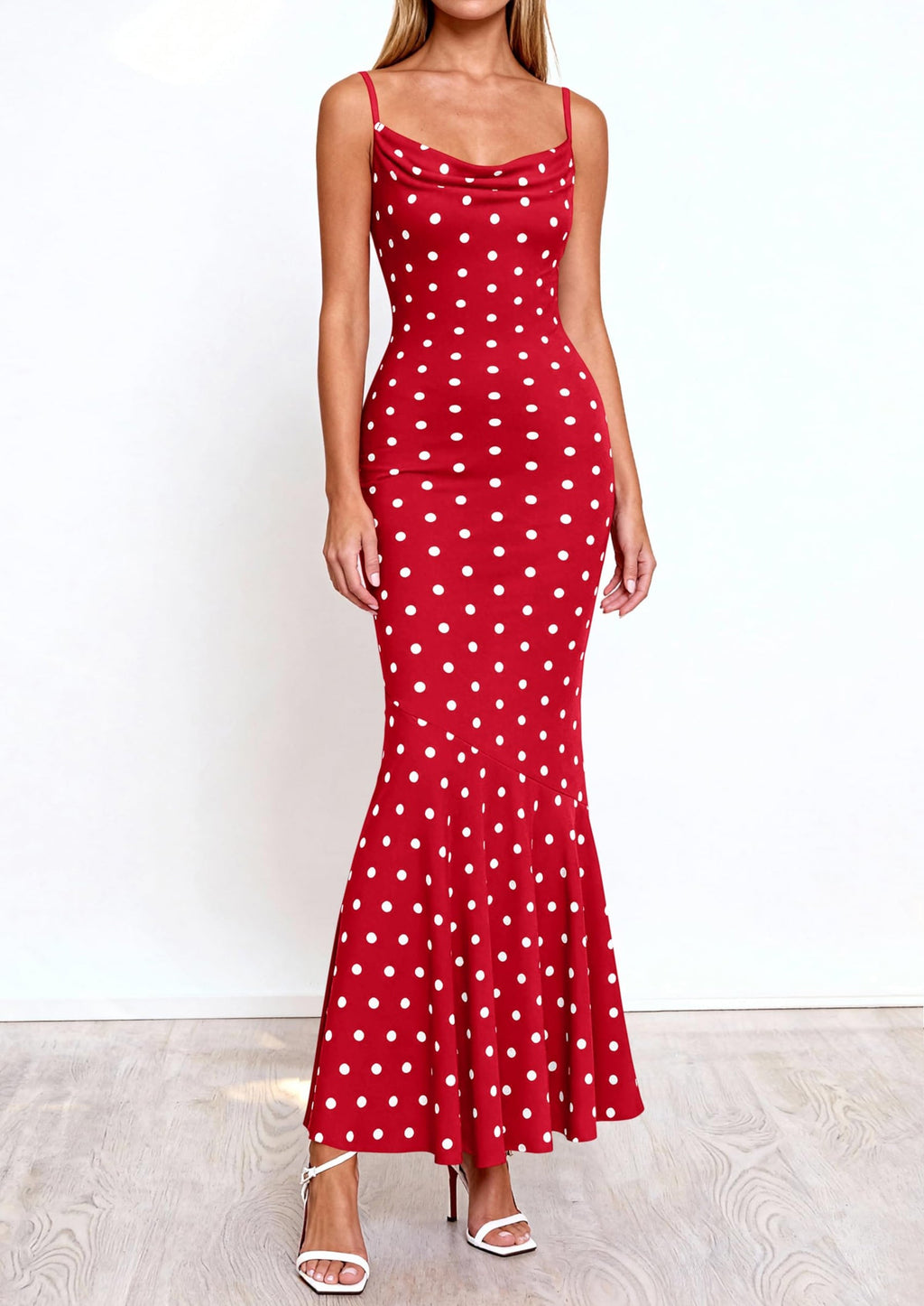 PRETTYGARDEN Womens Summer Dresses Polka Dot Spaghetti Strap Cowl Neck Bodycon Wedding Cocktail Mermaid Maxi Dress