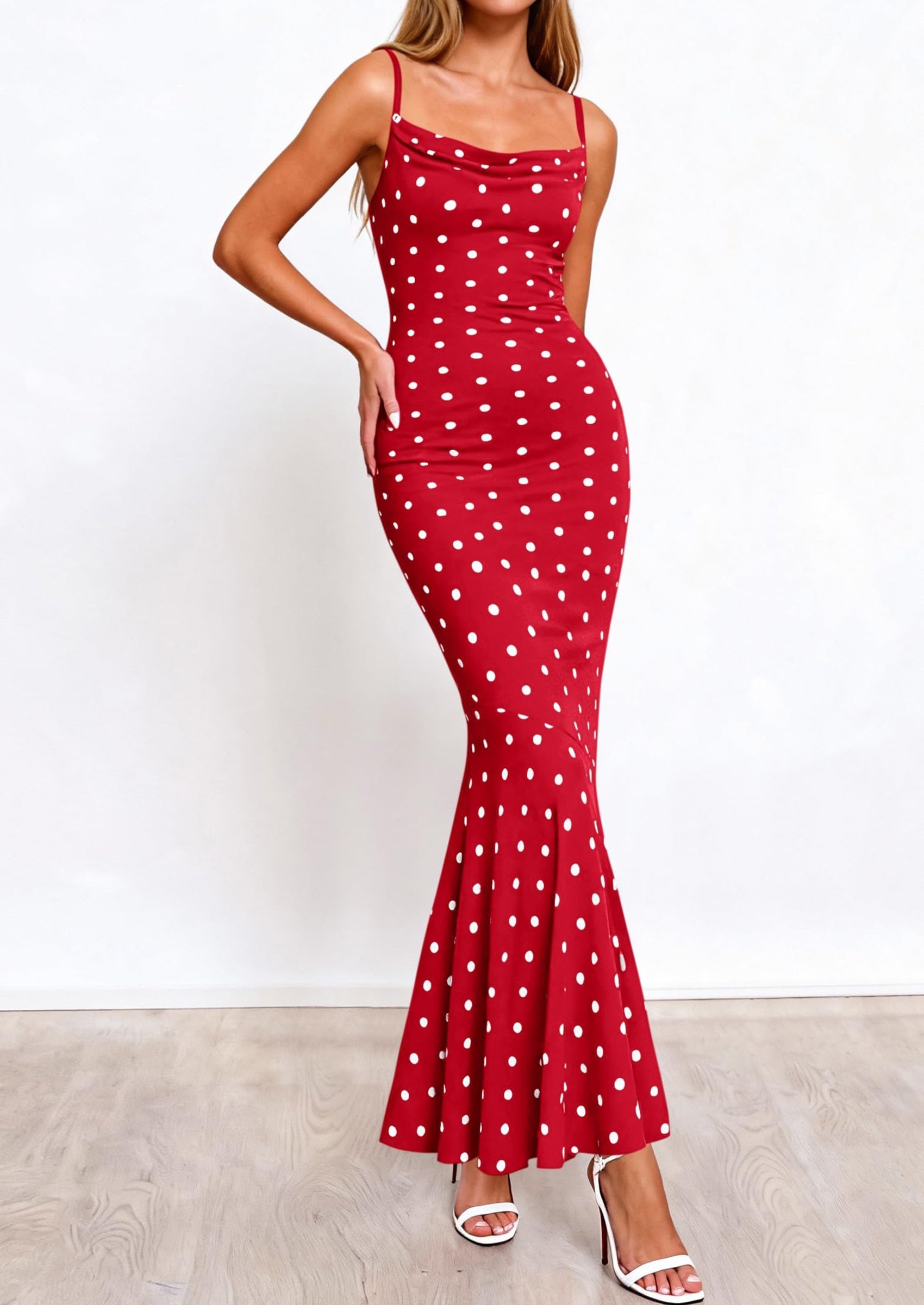 PRETTYGARDEN Womens Summer Dresses Polka Dot Spaghetti Strap Cowl Neck Bodycon Wedding Cocktail Mermaid Maxi Dress