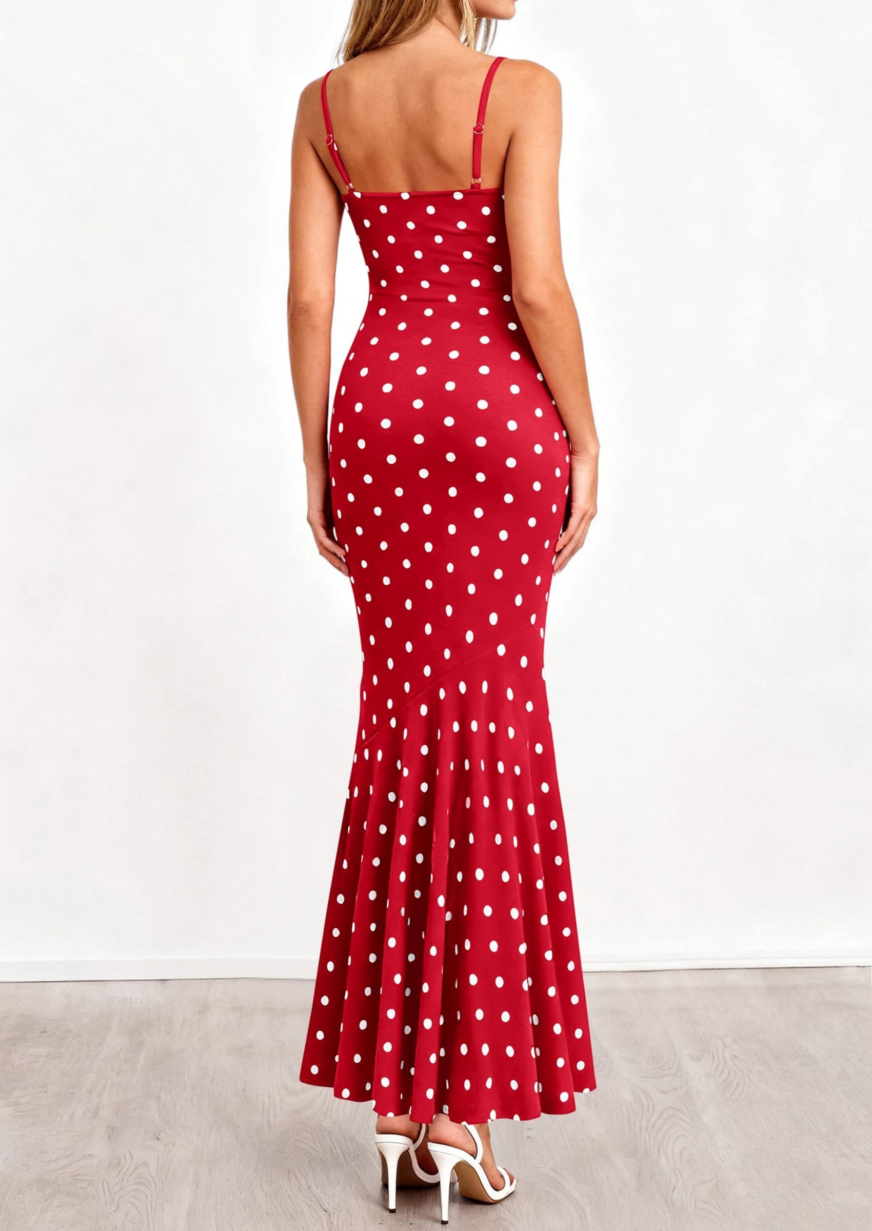PRETTYGARDEN Womens Summer Dresses Polka Dot Spaghetti Strap Cowl Neck Bodycon Wedding Cocktail Mermaid Maxi Dress