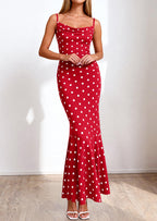 PRETTYGARDEN Womens Summer Dresses Polka Dot Spaghetti Strap Cowl Neck Bodycon Wedding Cocktail Mermaid Maxi Dress