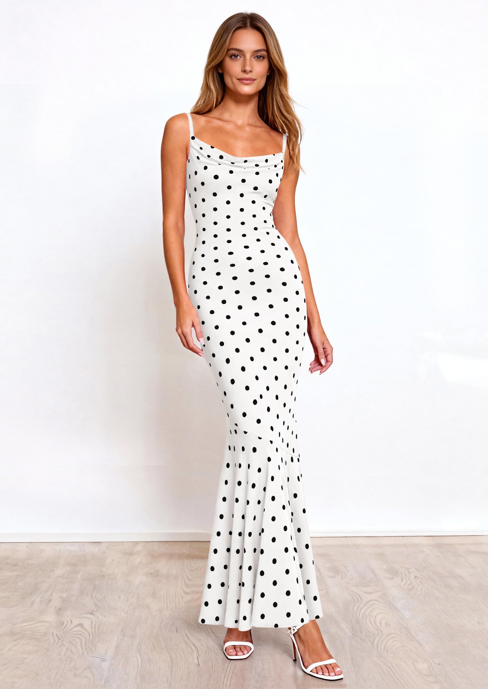 PRETTYGARDEN Womens Summer Dresses Polka Dot Spaghetti Strap Cowl Neck Bodycon Wedding Cocktail Mermaid Maxi Dress