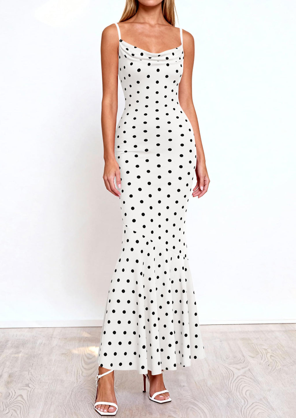 PRETTYGARDEN Womens Summer Dresses Polka Dot Spaghetti Strap Cowl Neck Bodycon Wedding Cocktail Mermaid Maxi Dress
