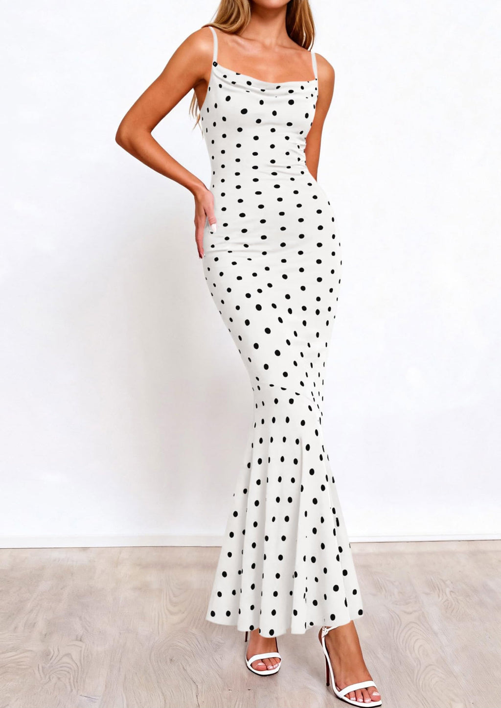 PRETTYGARDEN Womens Summer Dresses Polka Dot Spaghetti Strap Cowl Neck Bodycon Wedding Cocktail Mermaid Maxi Dress