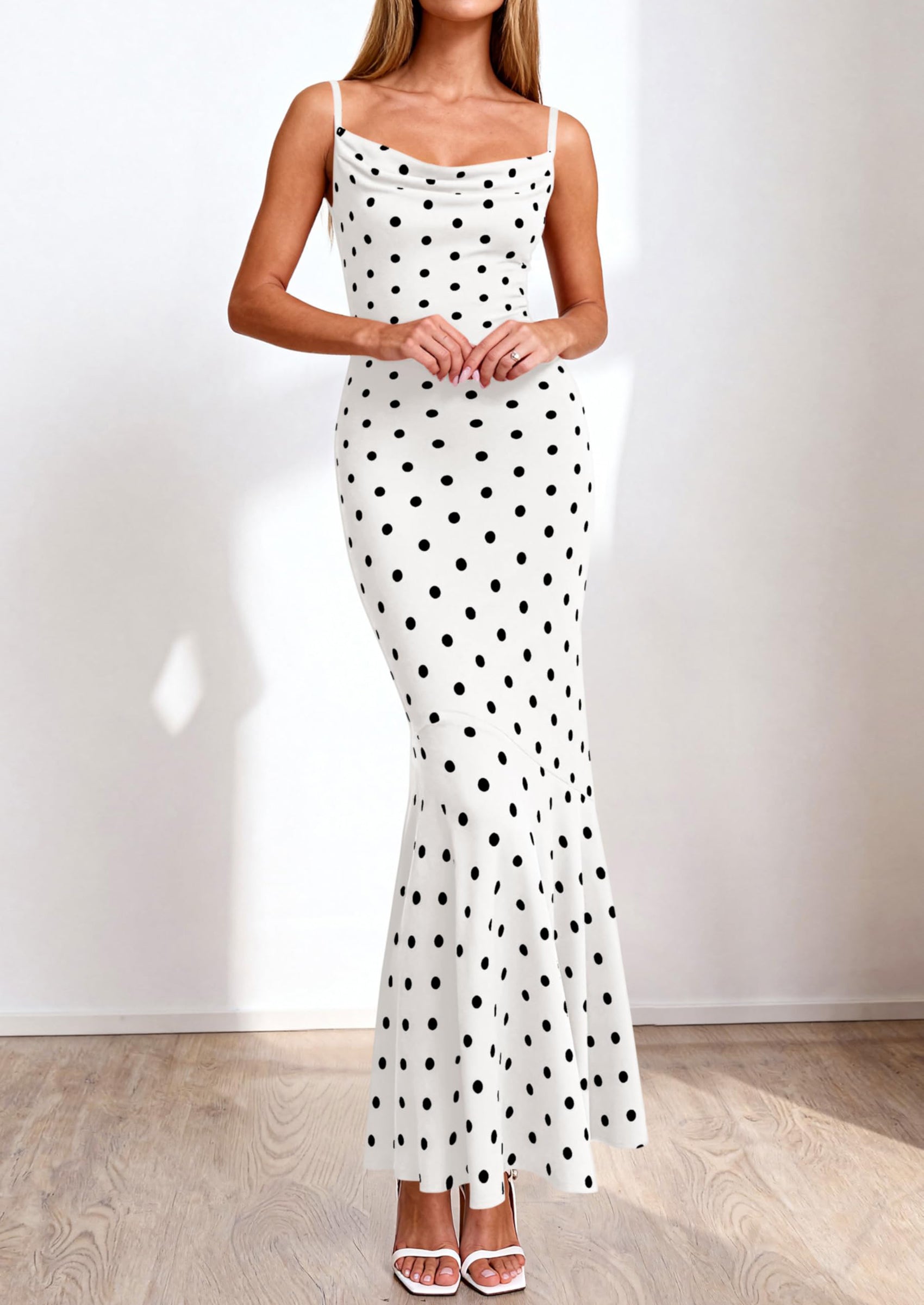 PRETTYGARDEN Womens Summer Dresses Polka Dot Spaghetti Strap Cowl Neck Bodycon Wedding Cocktail Mermaid Maxi Dress
