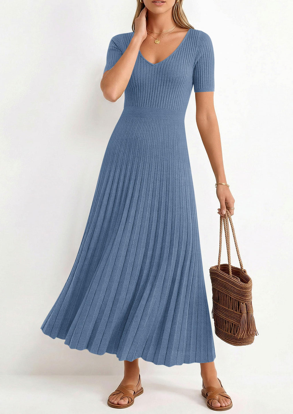 PRETTYGARDEN Women's Spring Midi Sweater Dresses Elegant Pleated Ribbed Knit Short Sleeve V Neck A Line Summer Outfits