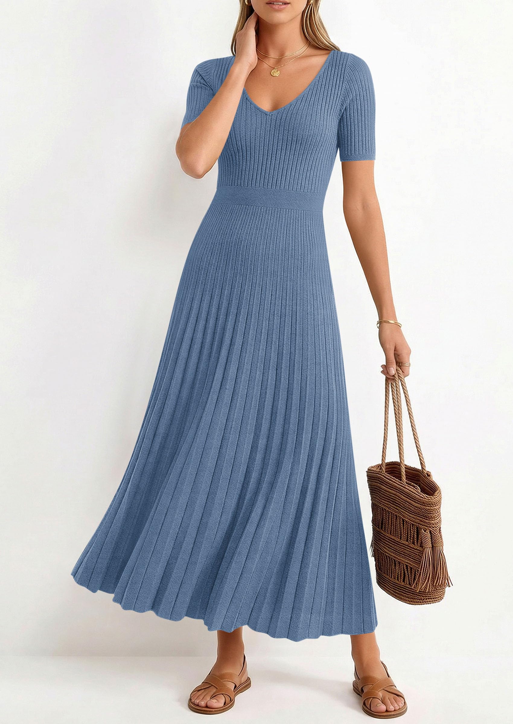 PRETTYGARDEN Women's Spring Midi Sweater Dresses Elegant Pleated Ribbed Knit Short Sleeve V Neck A Line Summer Outfits