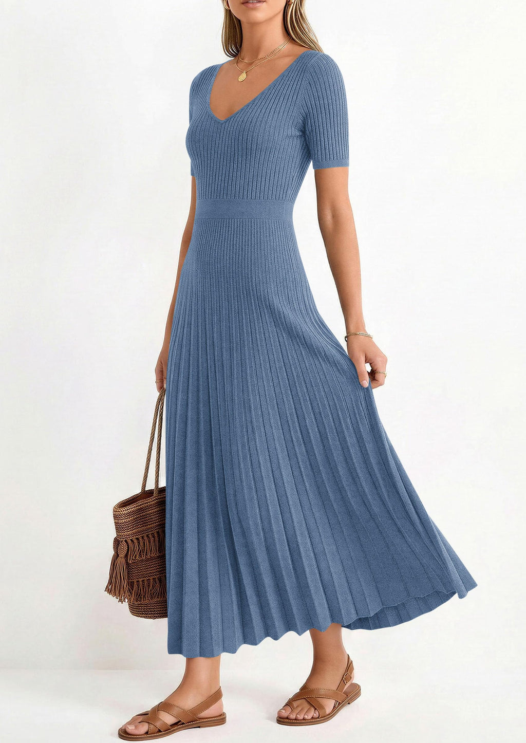 PRETTYGARDEN Women's Spring Midi Sweater Dresses Elegant Pleated Ribbed Knit Short Sleeve V Neck A Line Summer Outfits