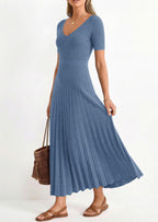 PRETTYGARDEN Women's Spring Midi Sweater Dresses Elegant Pleated Ribbed Knit Short Sleeve V Neck A Line Summer Outfits