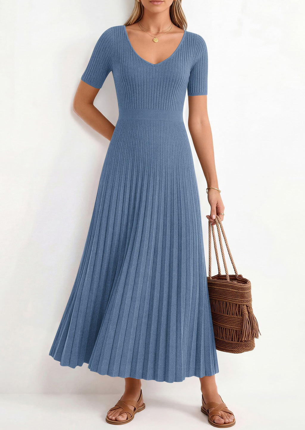 PRETTYGARDEN Women's Spring Midi Sweater Dresses Elegant Pleated Ribbed Knit Short Sleeve V Neck A Line Summer Outfits