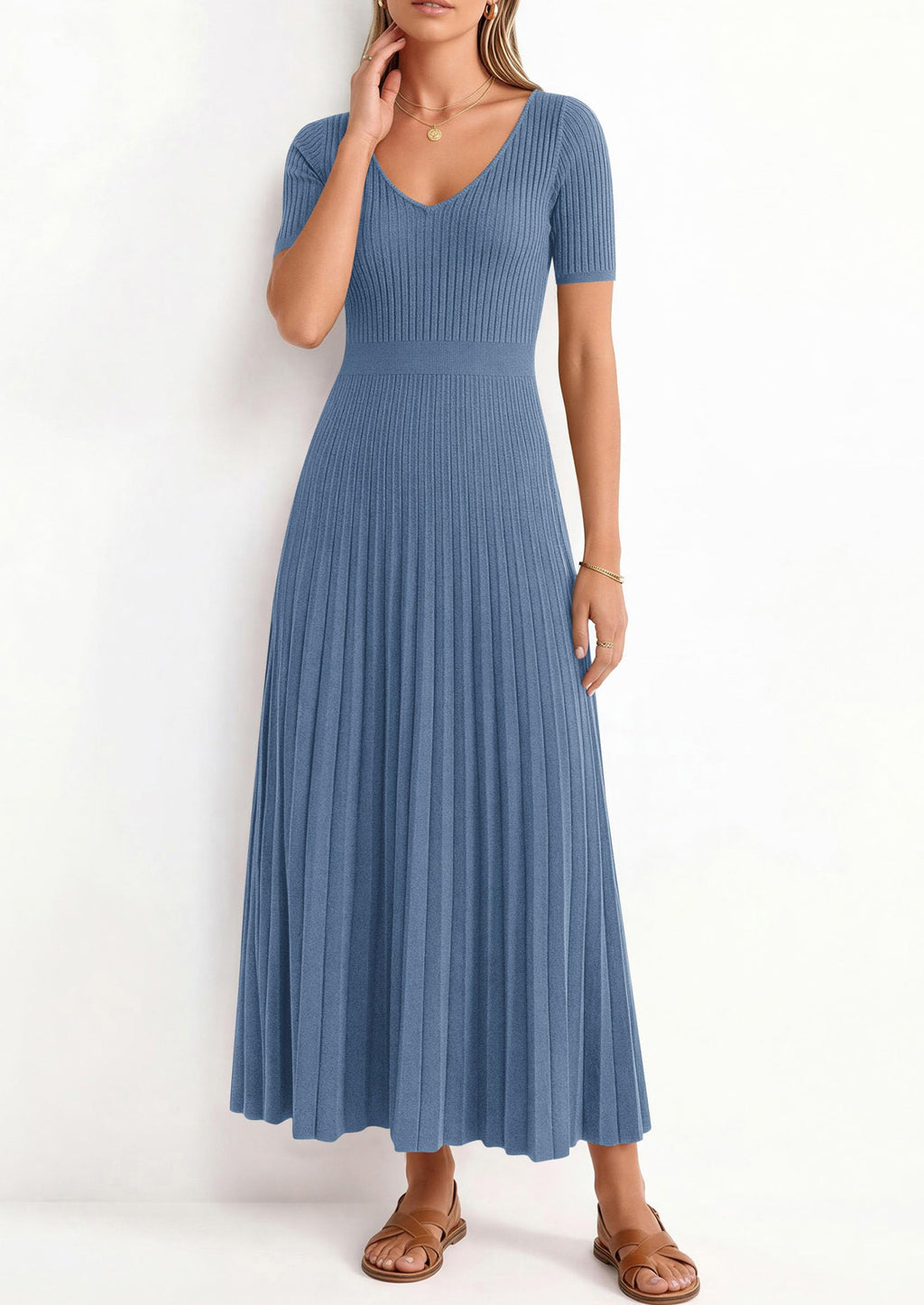 PRETTYGARDEN Women's Spring Midi Sweater Dresses Elegant Pleated Ribbed Knit Short Sleeve V Neck A Line Summer Outfits