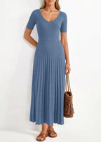 PRETTYGARDEN Women's Spring Midi Sweater Dresses Elegant Pleated Ribbed Knit Short Sleeve V Neck A Line Summer Outfits