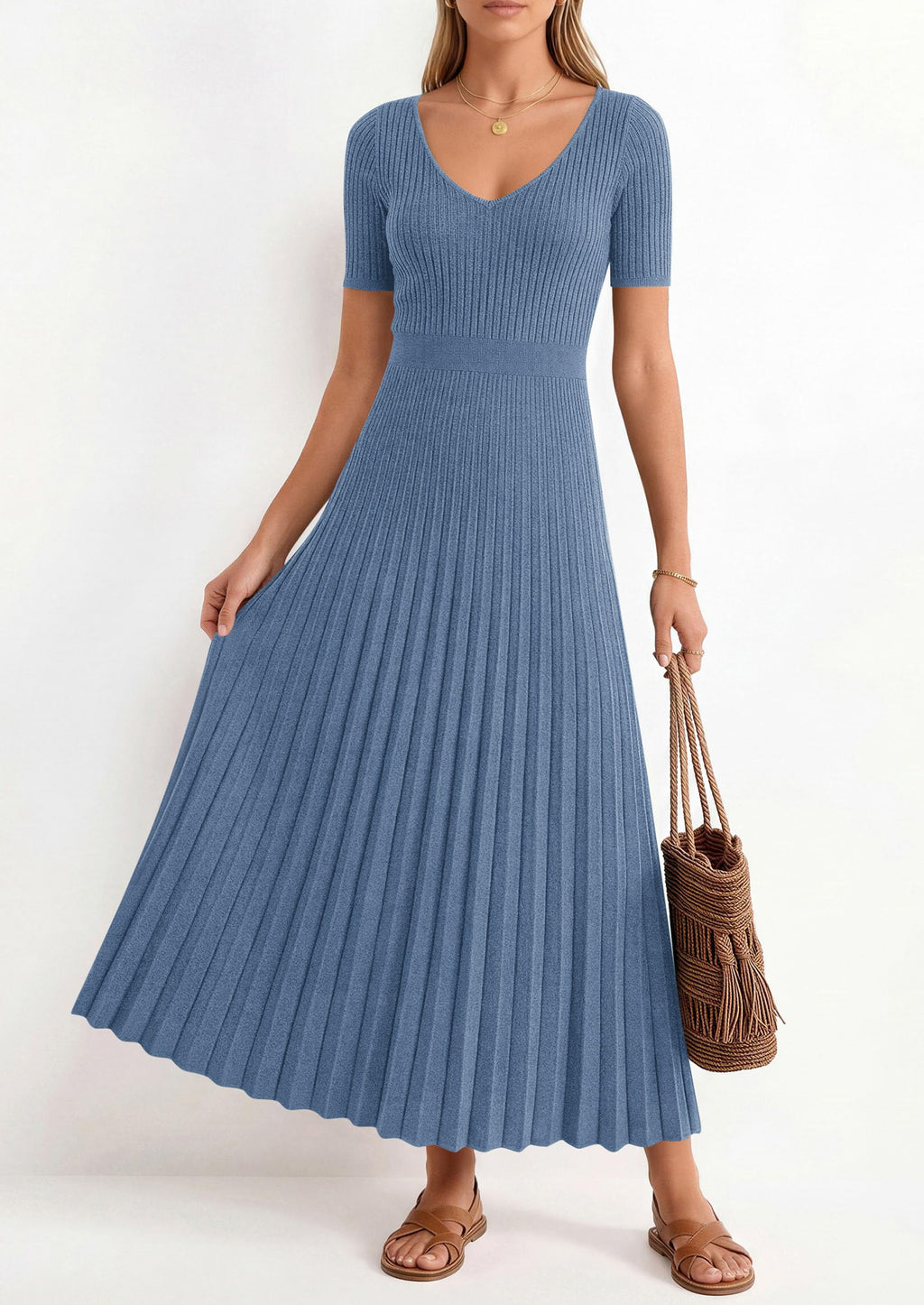 PRETTYGARDEN Women's Spring Midi Sweater Dresses Elegant Pleated Ribbed Knit Short Sleeve V Neck A Line Summer Outfits