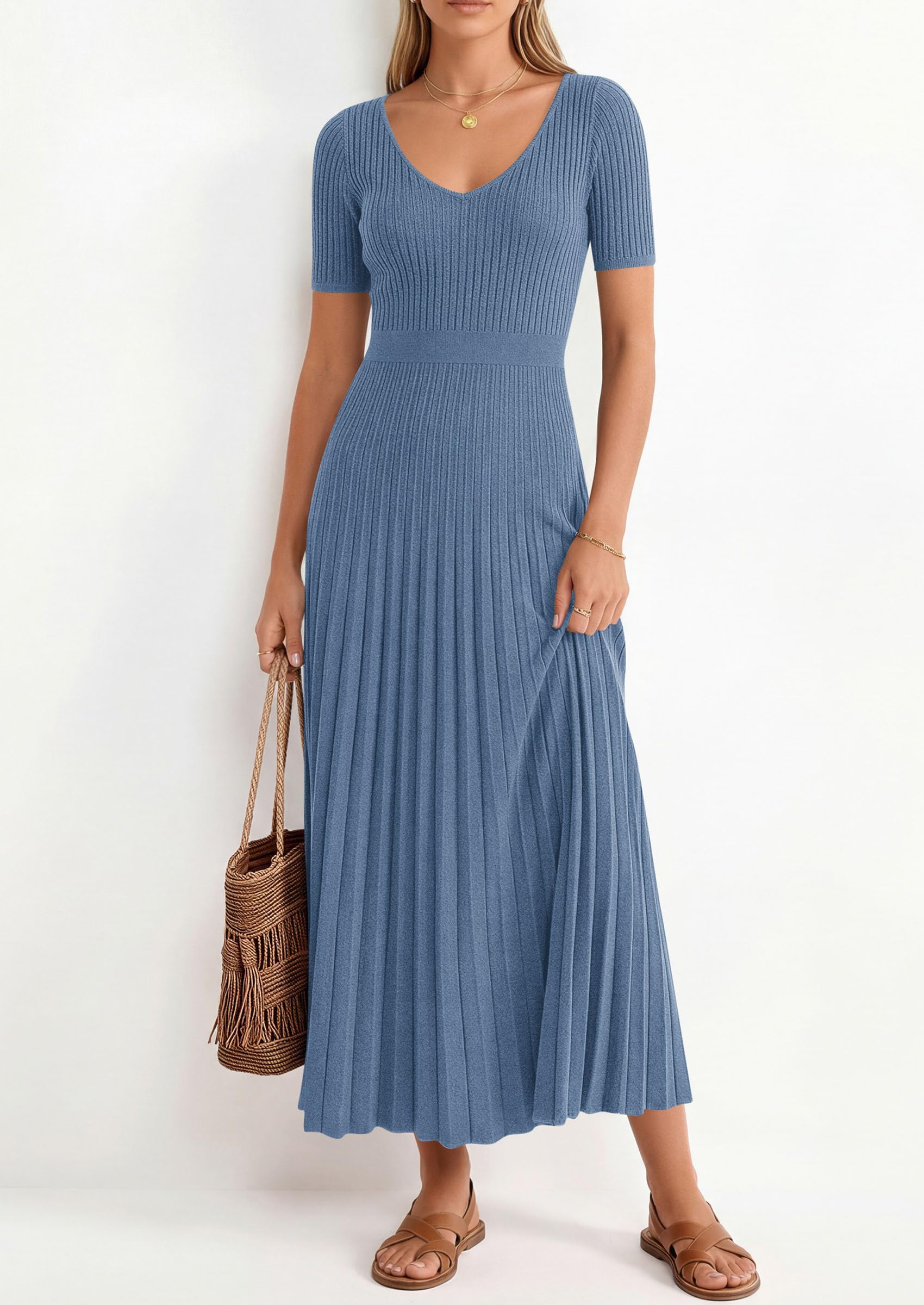 PRETTYGARDEN Women's Spring Midi Sweater Dresses Elegant Pleated Ribbed Knit Short Sleeve V Neck A Line Summer Outfits