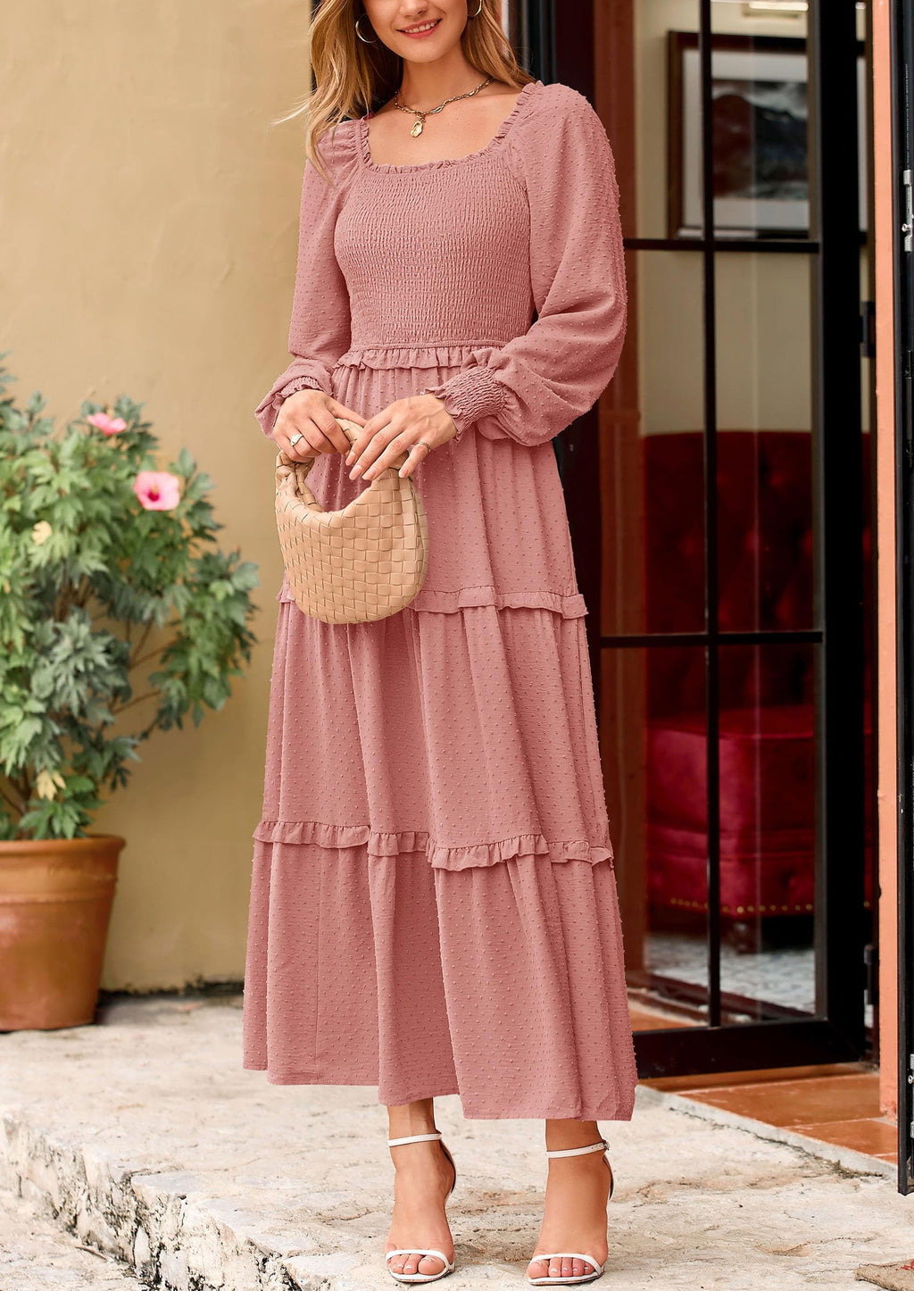PRETTYGARDEN Women Fall Long Sleeve Smocked Maxi Dress Casual Square Neck Swiss Dot Tiered Ruffle Flowy Spring Pocket Dresses