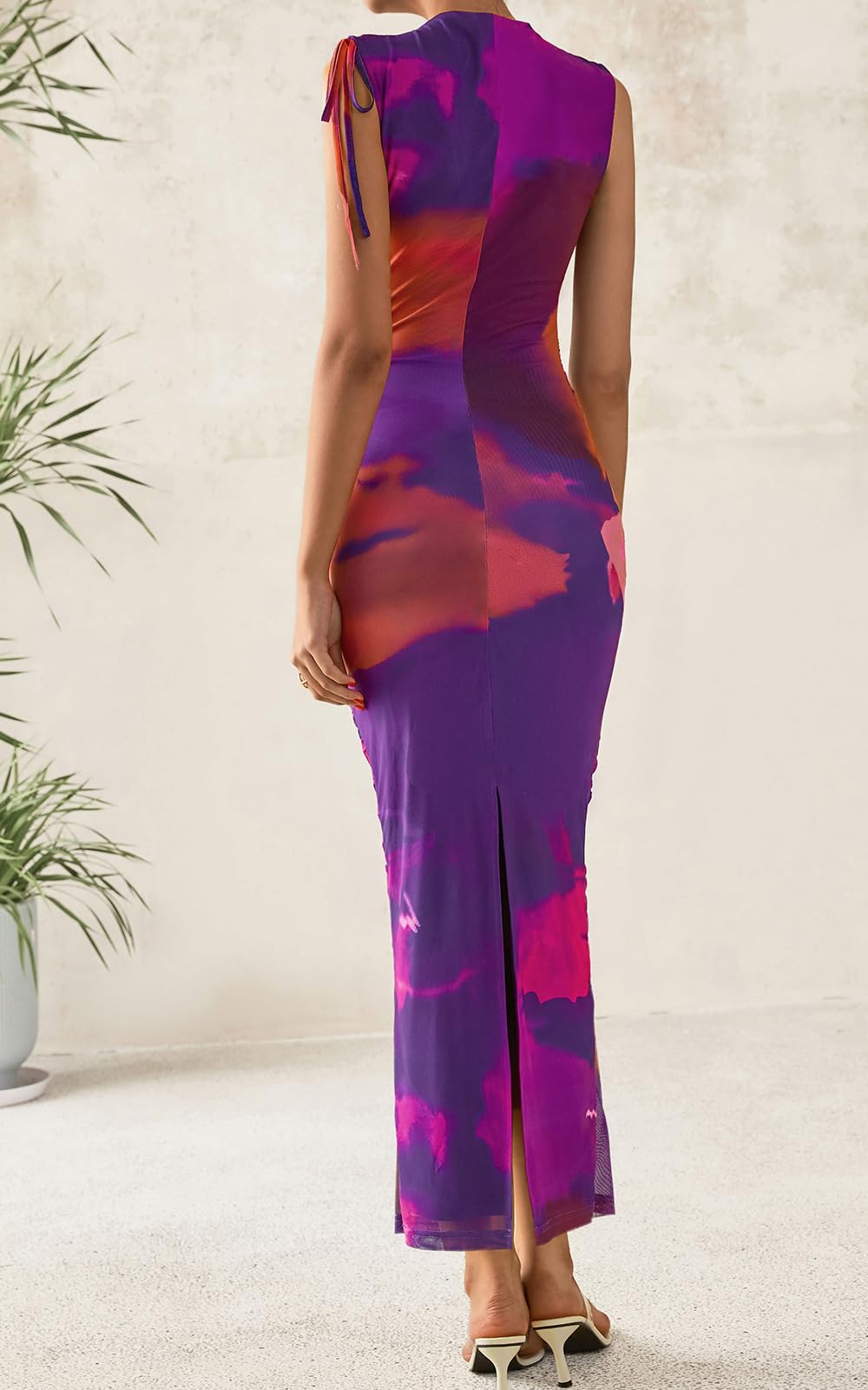 PRETTYGARDEN Women's Summer Maxi Floral Dresses Ruched Bodycon Sleeveless Mesh Formal Wedding Guest Cocktail Split Long Dress