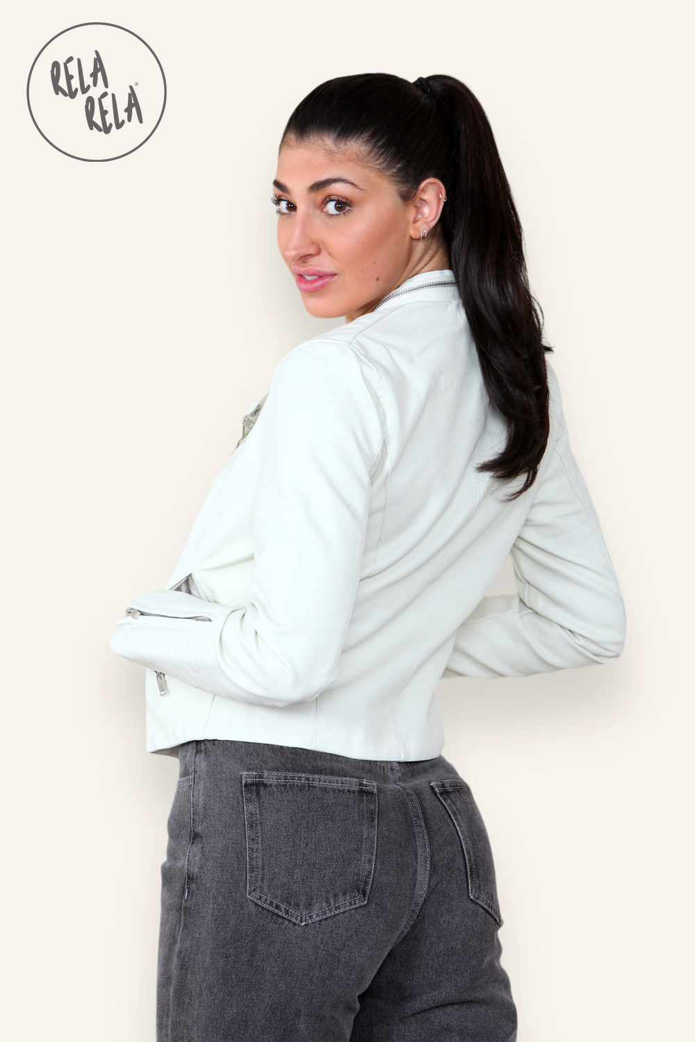 Faux Leather Biker Jacket Padded Shoulder Outwear Coat in Cream