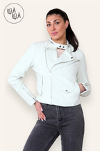 Faux Leather Biker Jacket Padded Shoulder Outwear Coat in Cream