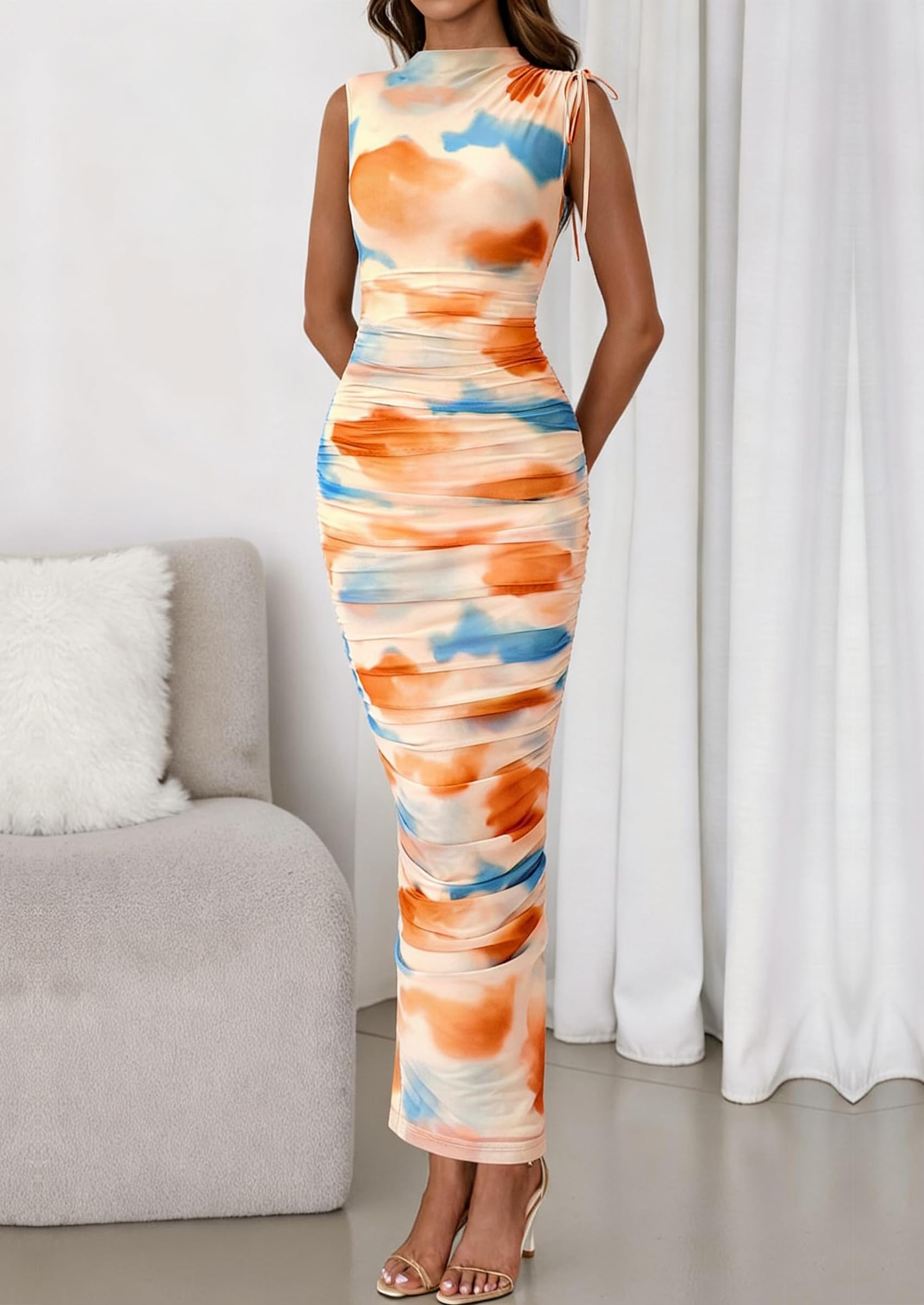 PRETTYGARDEN Women's Summer Maxi Floral Dresses Ruched Bodycon Sleeveless Mesh Formal Wedding Guest Cocktail Split Long Dress
