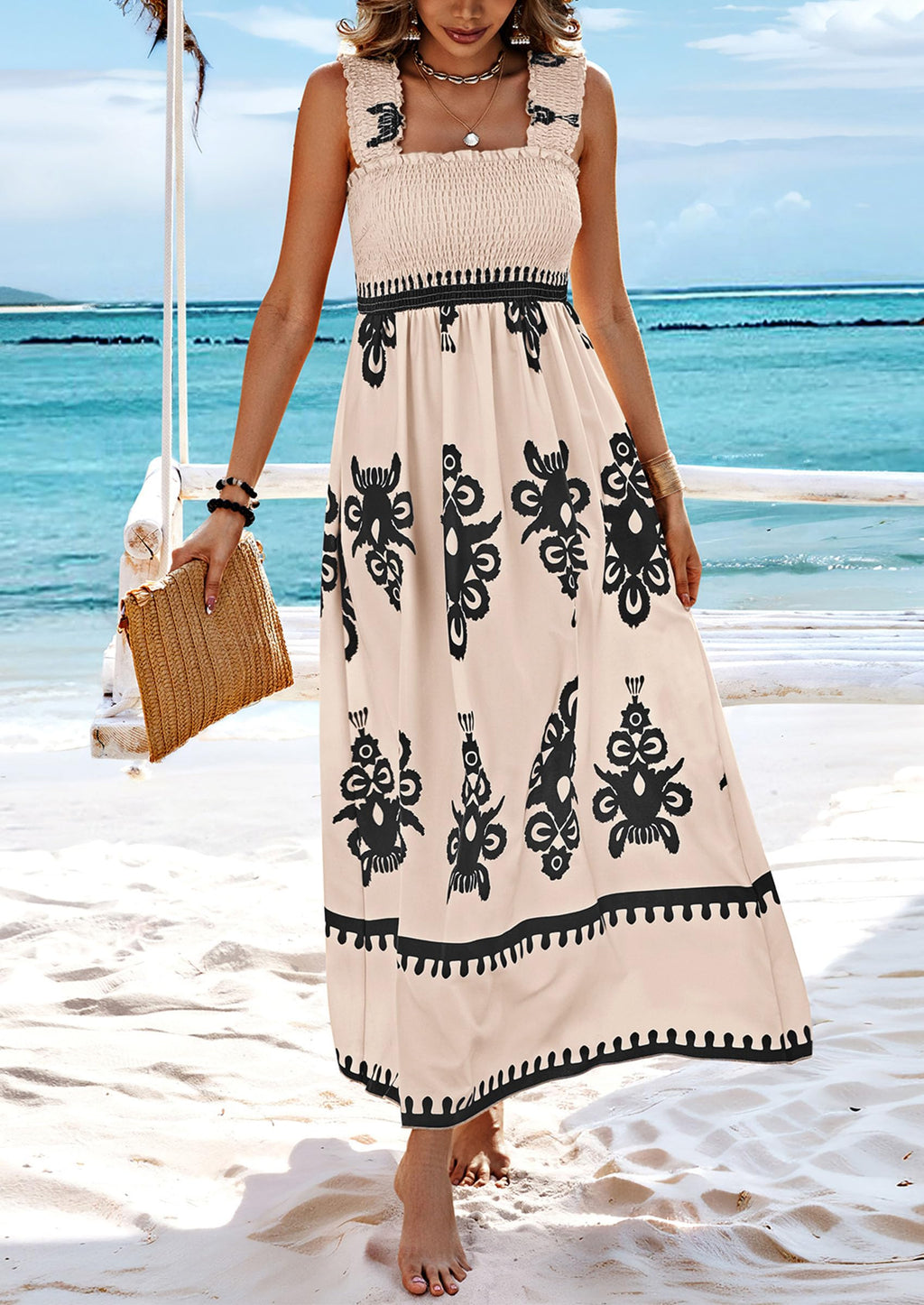 PRETTYGARDEN Womens Summer Boho Maxi Dress Casual Sleeveless Square Neck Floral Aline Smocked Beach Dresses with Pockets