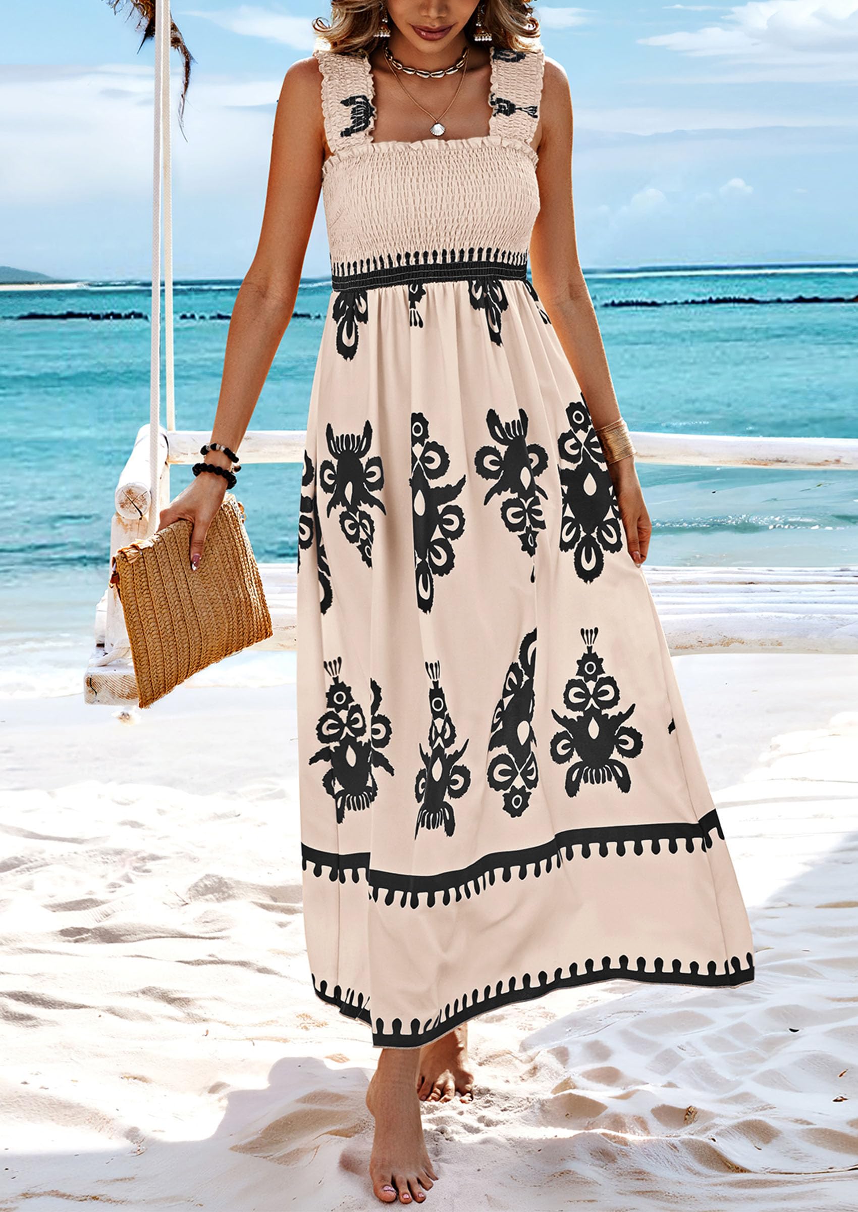 PRETTYGARDEN Womens Summer Boho Maxi Dress Casual Sleeveless Square Neck Floral Aline Smocked Beach Dresses with Pockets