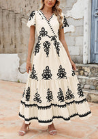 PRETTYGARDEN Womens Casual V Neck Boho Maxi Dress Flowy Aline Bell Sleeve Tiered Floral Dresses with Pocket