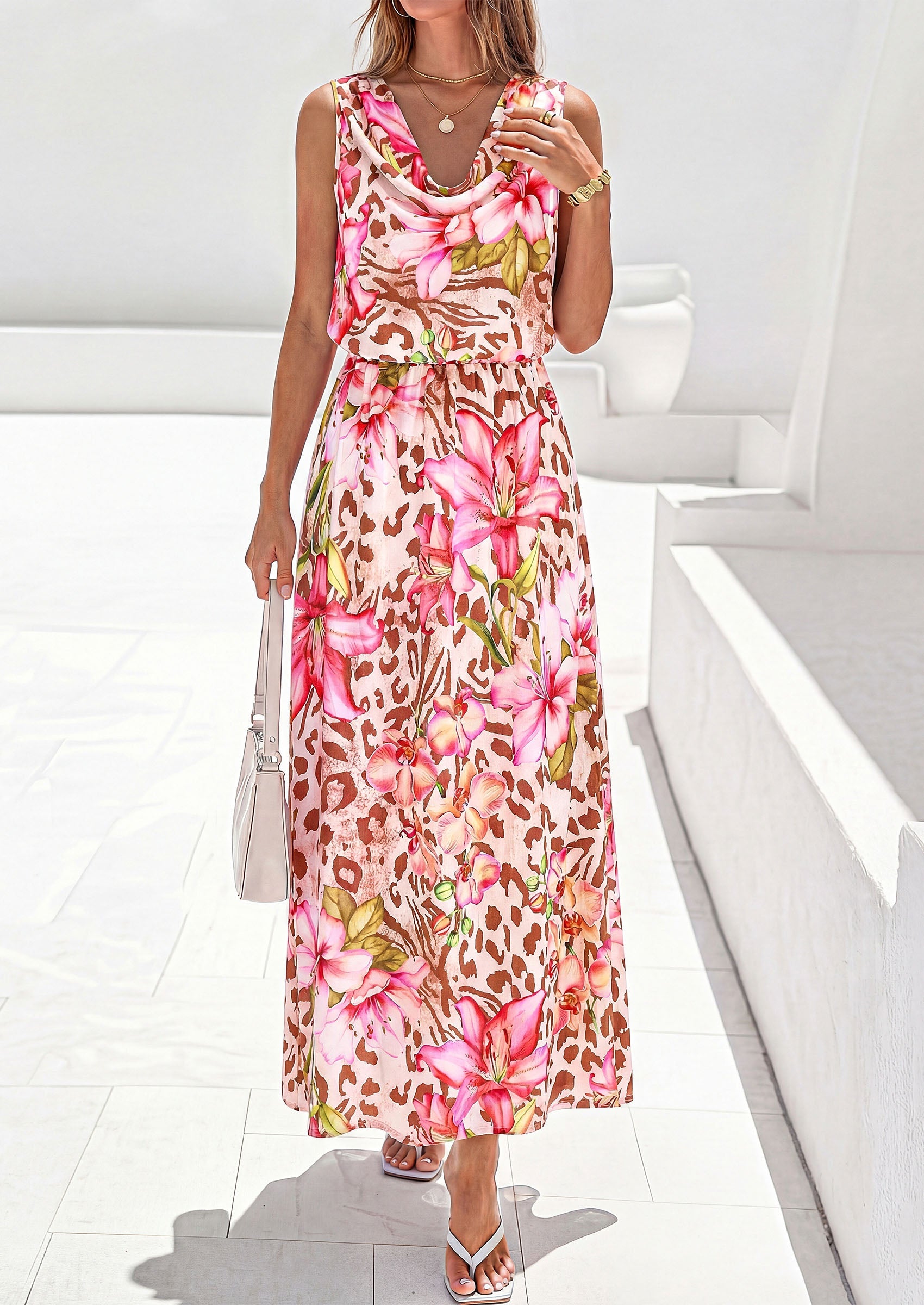 PRETTYGARDEN Womens Summer Floral Maxi Dresses Spring Sleeveless Cowl Neck Flowy Beach Vacation Wedding Guest Long Dress