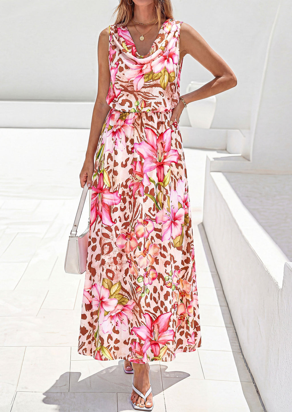 PRETTYGARDEN Womens Summer Floral Maxi Dresses Spring Sleeveless Cowl Neck Flowy Beach Vacation Wedding Guest Long Dress