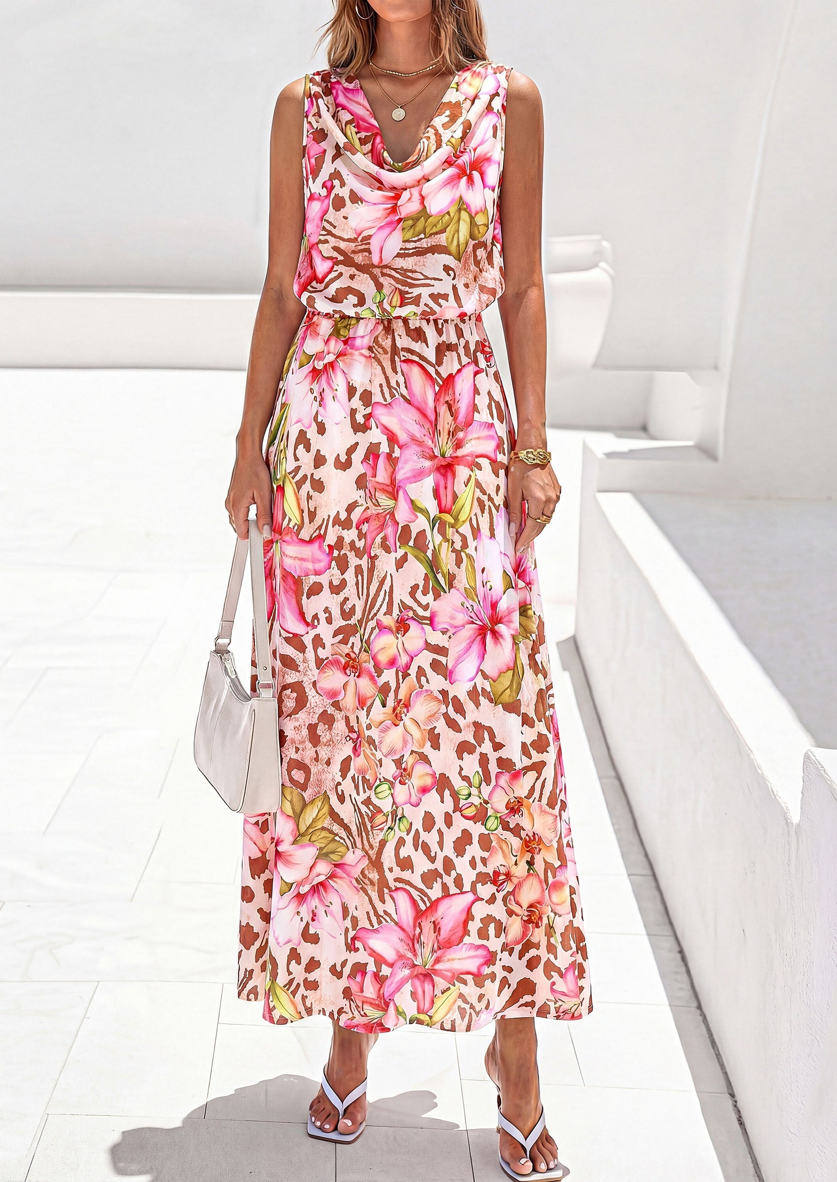 PRETTYGARDEN Womens Summer Floral Maxi Dresses Spring Sleeveless Cowl Neck Flowy Beach Vacation Wedding Guest Long Dress