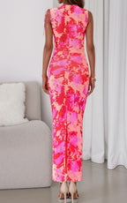 PRETTYGARDEN Women's Summer Maxi Floral Dresses Ruched Bodycon Sleeveless Mesh Formal Wedding Guest Cocktail Split Long Dress