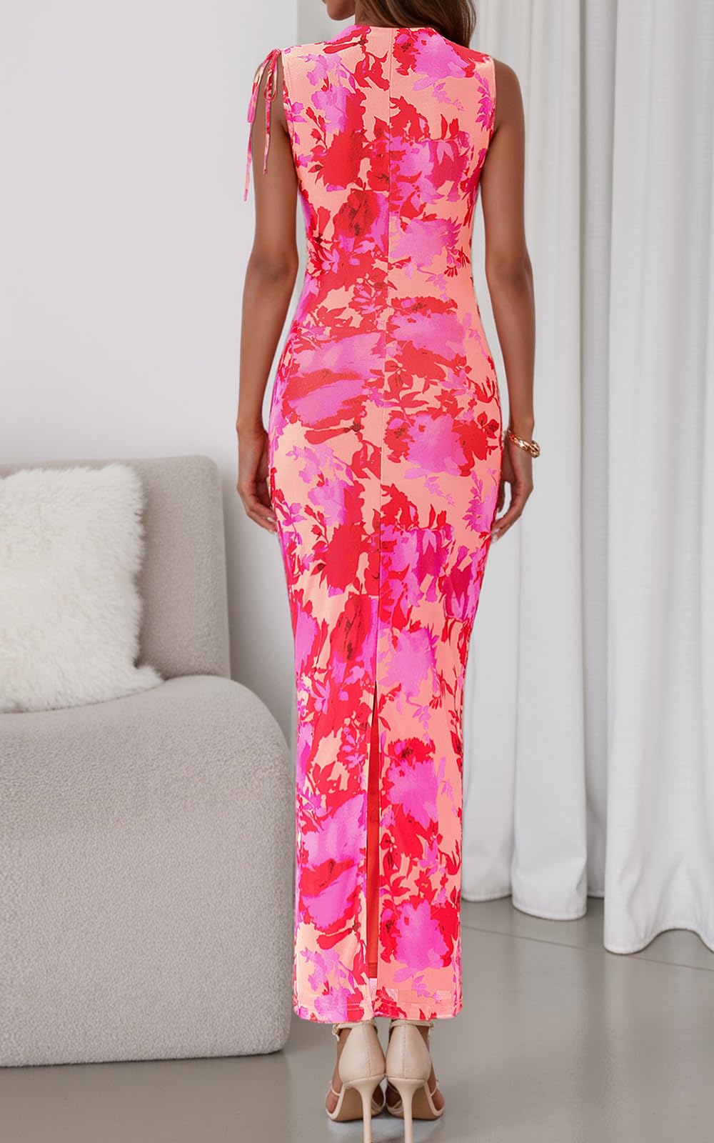 PRETTYGARDEN Women's Summer Maxi Floral Dresses Ruched Bodycon Sleeveless Mesh Formal Wedding Guest Cocktail Split Long Dress